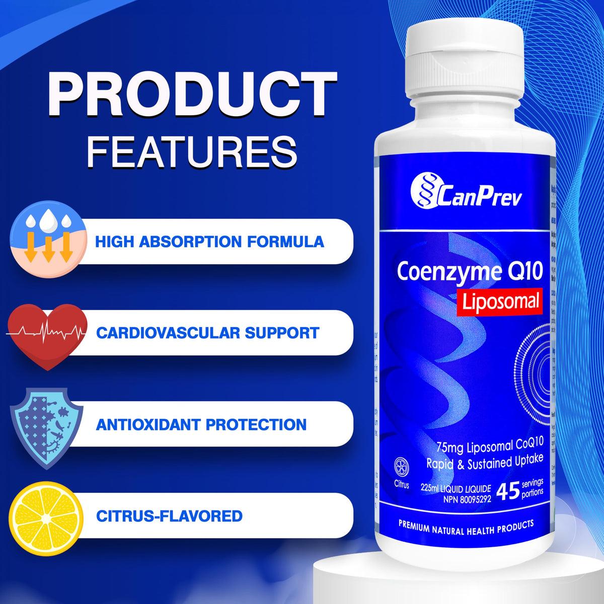 CanPrev Coenzyme Q10 Liquid, Liposomal CoQ10, Citrus, 225 ml, 45 Servings
