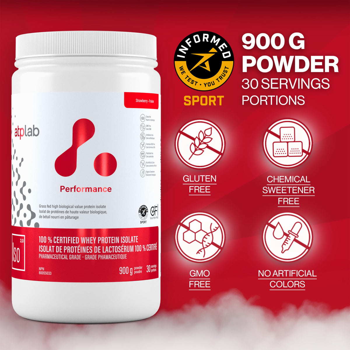 atplab Whey Protein Isolate Powder, Non-GMO, Strawberry, 900g, 30 Servings