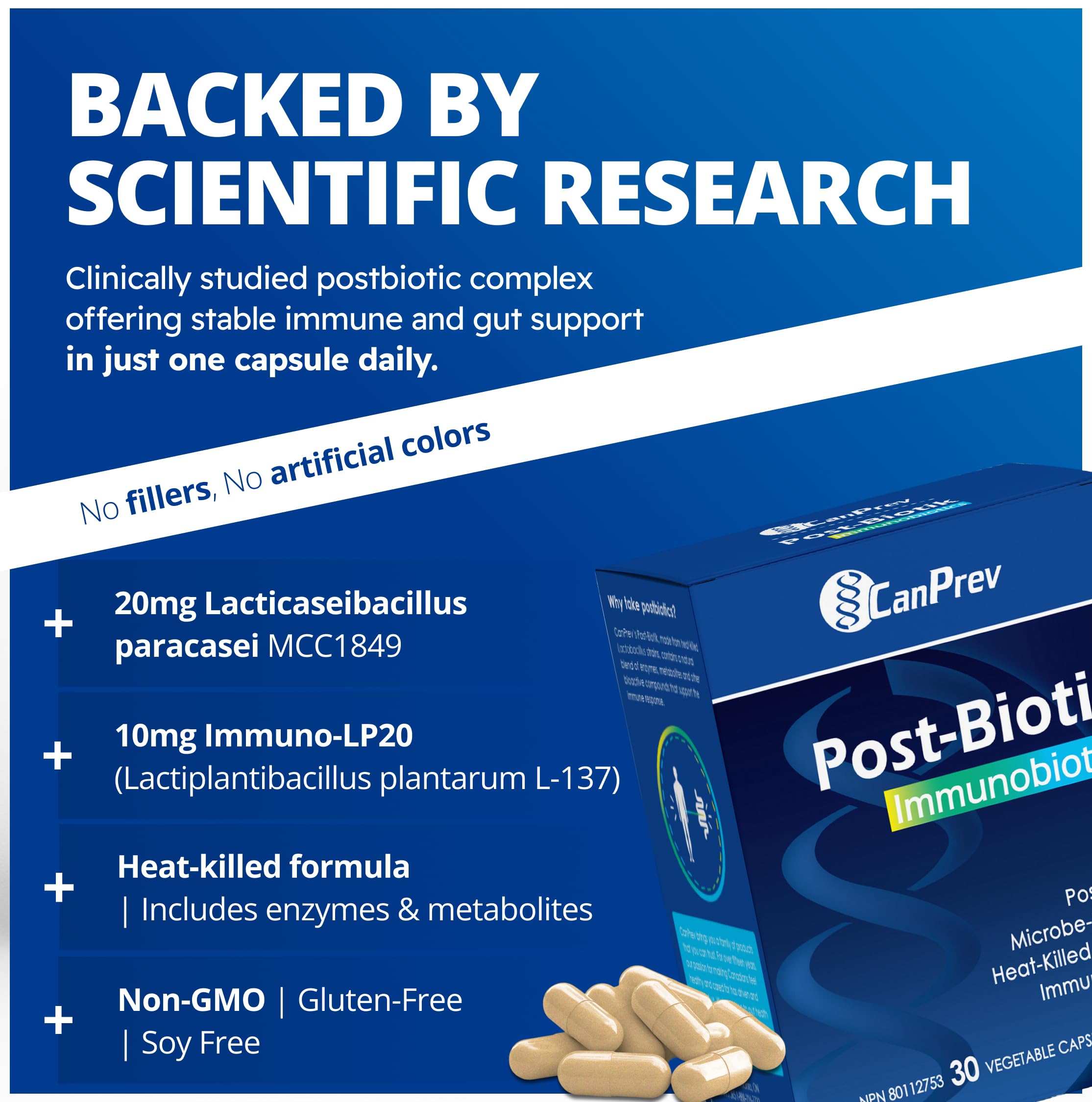CanPrev Post-Biotik Immunobiotiques, 30 gélules végétales, approvisionnement de 30 jours - Postbiotique pour la santé intestinale - Soutien digestif et immunitaire - Enzymes pour supplément de digestion - Microbiome intestinal Lactobacillus Plantarum