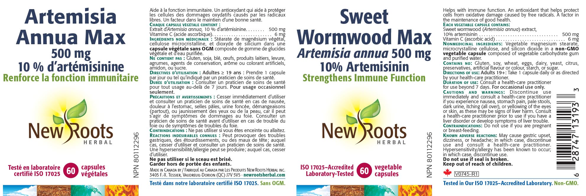 New Roots Herbal - Armoise Annuelle Max, 60 capsules - Artemisia annua 500 mg - 10 % d'artémisinine avec vitamine C 6 mg - Soutient la fonction du système immunitaire et favorise l'équilibre - Complément alimentaire pour adultes
