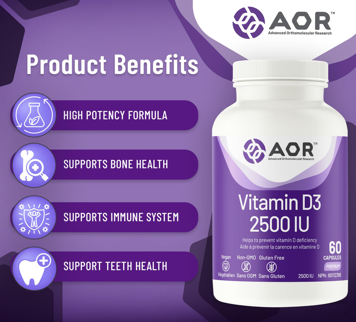 AOR Vitamin D3 2500 IU Capsules, Vitamin D, 60 Capsules, 60 Day Supply