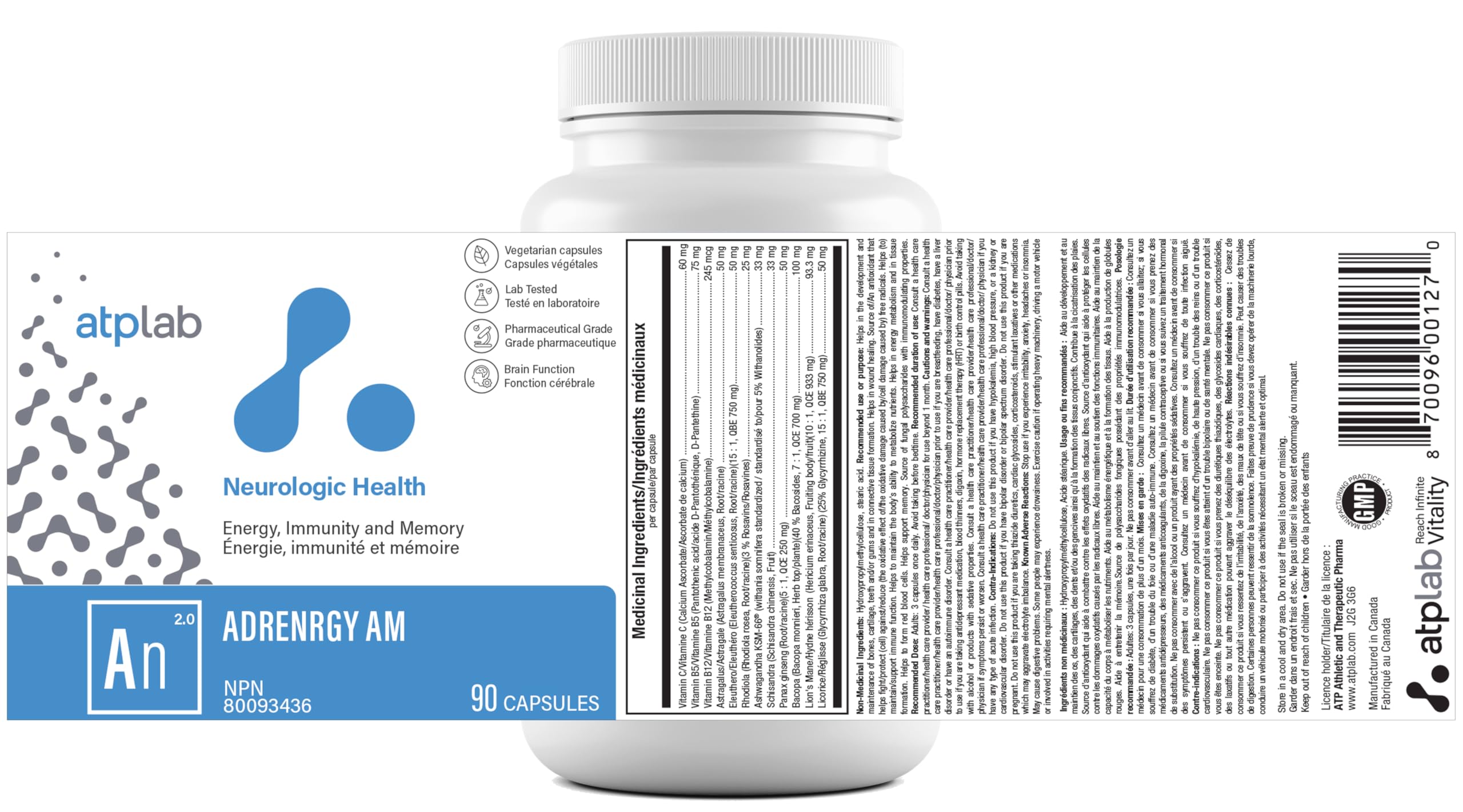 ATP LAB AdrenRGY AM, 90 Caps, 30-Day Supply, Daily Support with Vitamin B5, B12, C, Ashwagandha KSM-66, Rhodiola & Eleuthero, Supports Balanced Cortisol, Adrenal Function, Metabolism & Immune Function