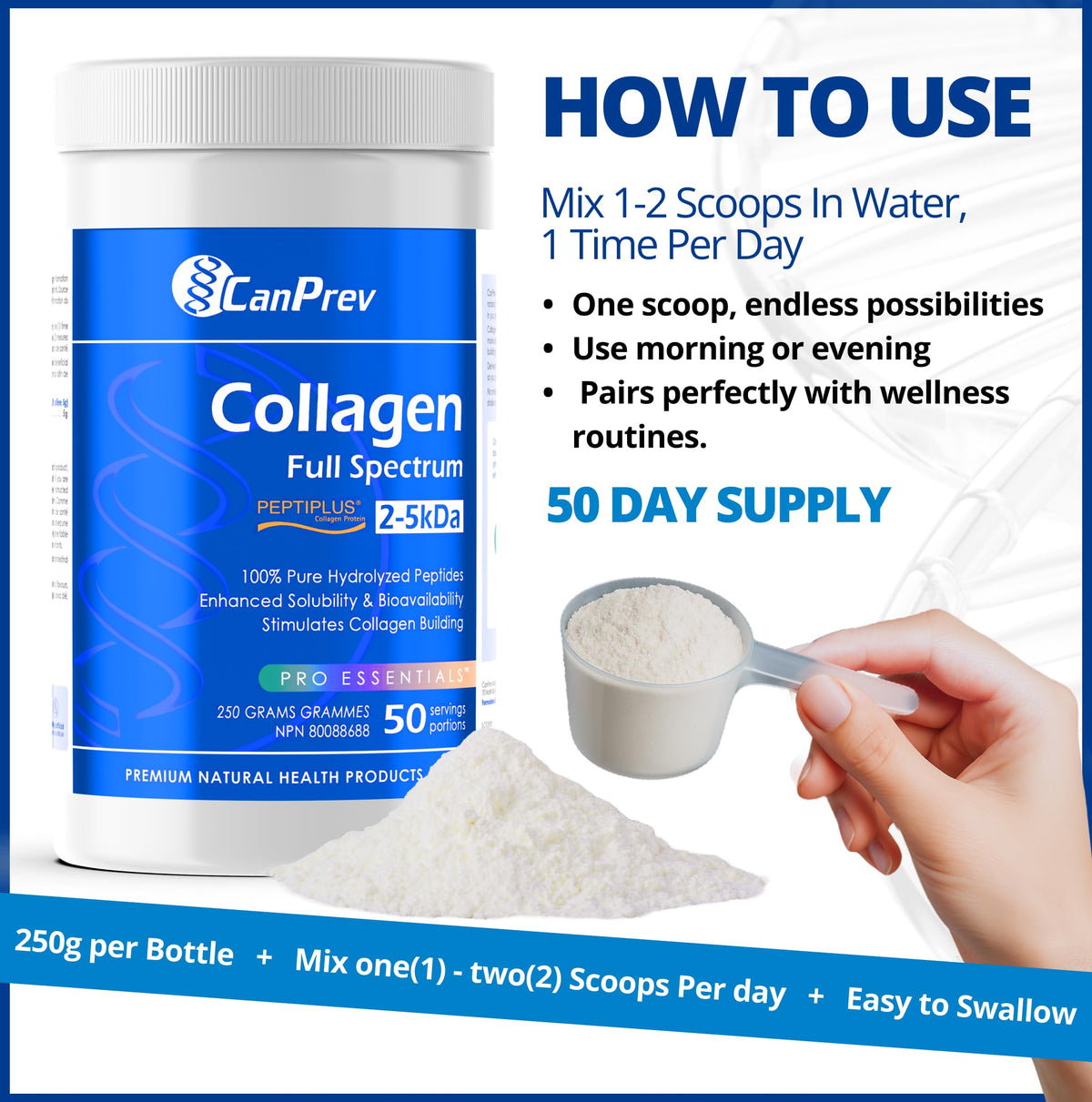 CanPrev Collagen Powder, Full Spectrum Peptiplus, Bovine, 250g, 50 Servings