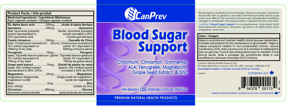 CanPrev Blood Sugar Support, 120 Veg Capsules, 60 Day Supply, Balanced Glucose & Nerve Support for Daily Vitality, Vegan, Made in Canada