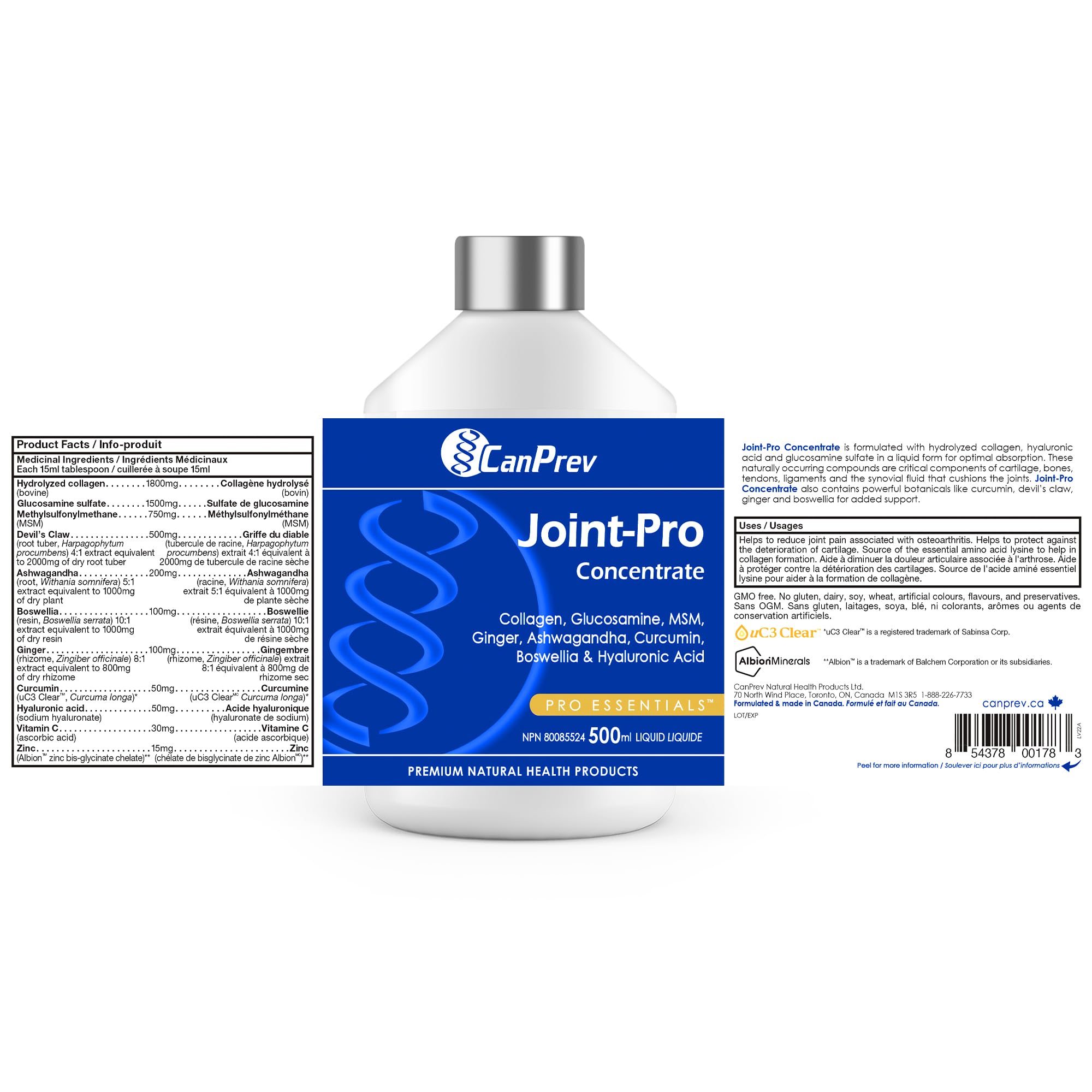 CanPrev Joint-Pro Concentré liquide 500 ml Approvisionnement de 33 jours - Soutien articulaire avancé avec collagène hydrolysé, glucosamine, MSM et ashwagandha, favorise le confort, la mobilité et la flexibilité, supplément de collagène