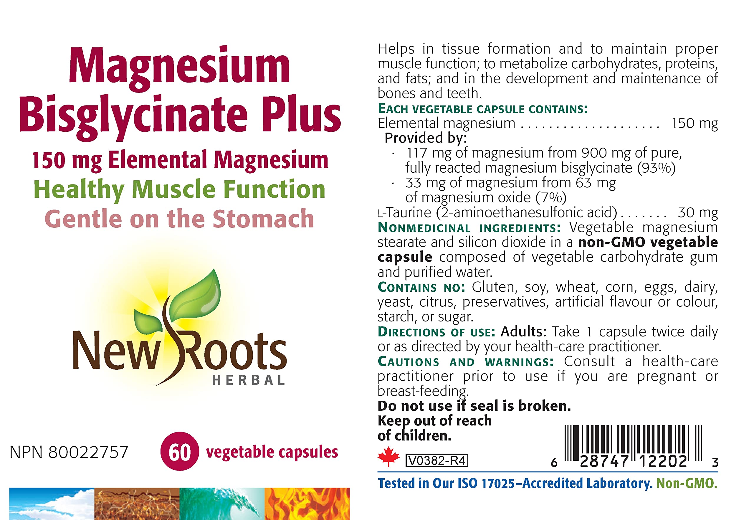 New Roots Herbal Bisglycinate de magnésium Plus, 60 capsules végétales pour 30 jours - 150 mg de magnésium élémentaire, favorise un mode de vie actif, sans OGM, sans gluten, doux pour la digestion avec une absorption supérieure