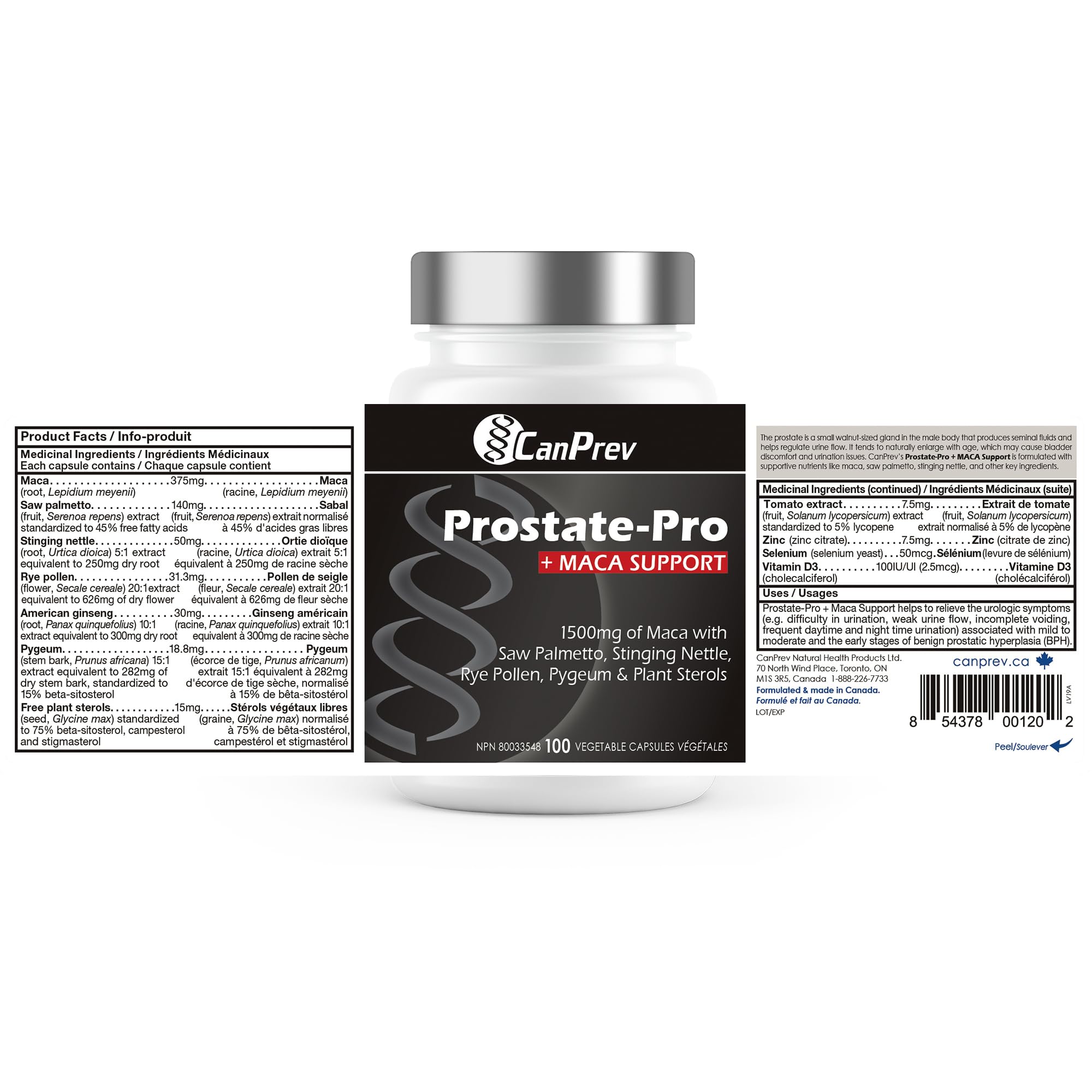 CanPrev Prostate-Pro + Maca Support - 100 V-Capsules - Formule de soutien de la prostate pour hommes - Favorise le bien-être de la prostate - Avec vitamine D3 et citrate de zinc - Aide à réduire la fréquence des mictions