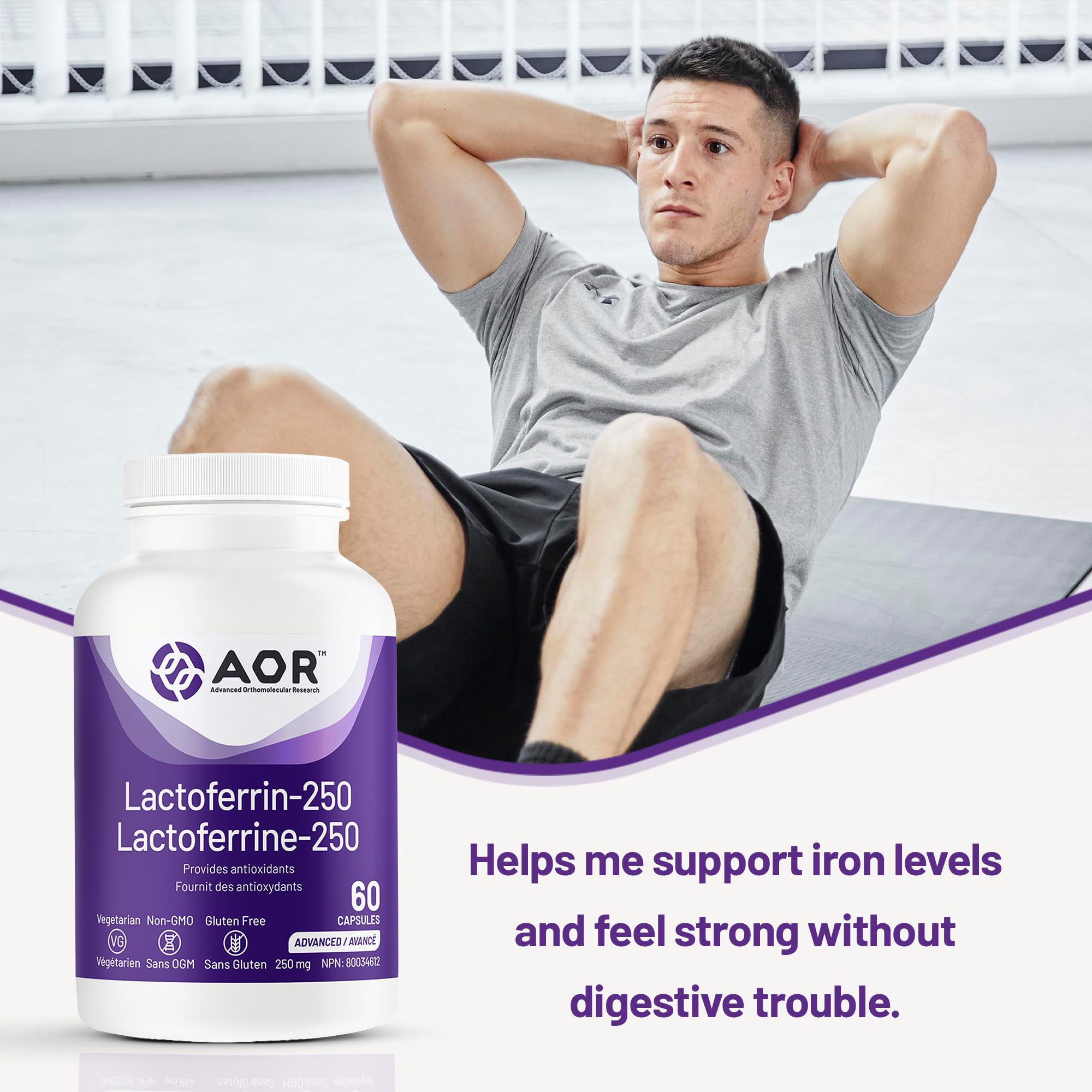 AOR Lactoferrin 250mg, 60 Capsules 60-Day Supply - Supports Balanced Iron Levels & Antioxidant Properties - Non-GMO Vegetarian Formula for Energy, Vitality & Strong Bones, Promotes Iron Utilization