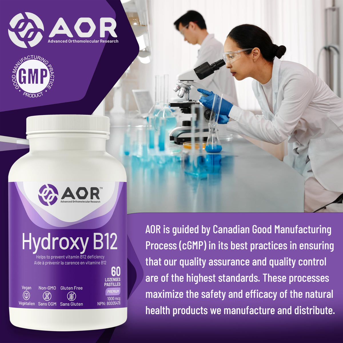 AOR Hydroxy B12 Lozenges, Hydroxocobalamin B12, 1000mcg, 60 Day Supply