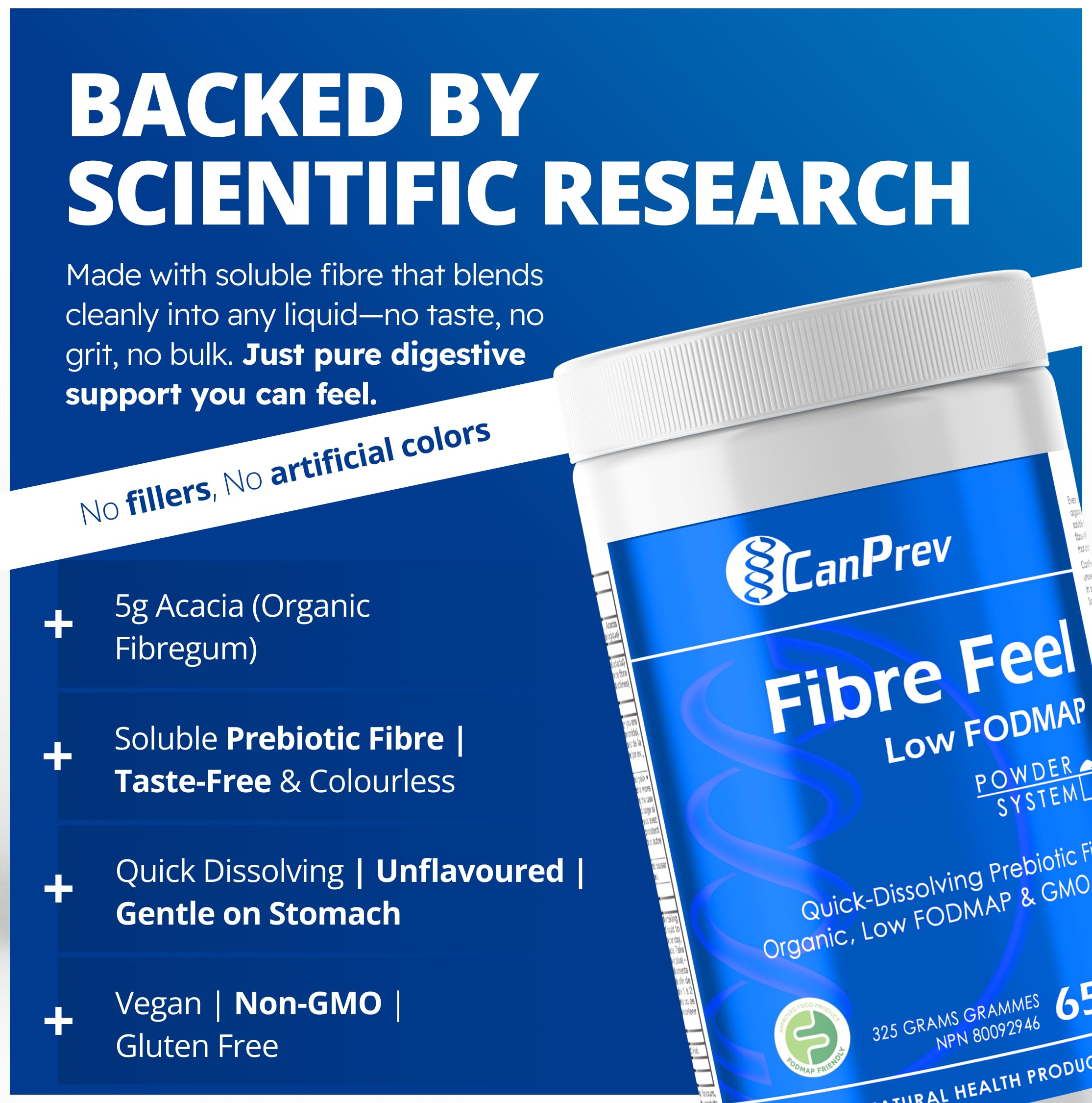 CanPrev Organic Fibre Feel Powder 325g, 65 Servings, Unflavoured & Easy to Mix, Promotes Digestive Wellness & Regularity, Quick-Dissolving & Gentle, Natural Ingredients, Perfect for Smoothies & Shakes