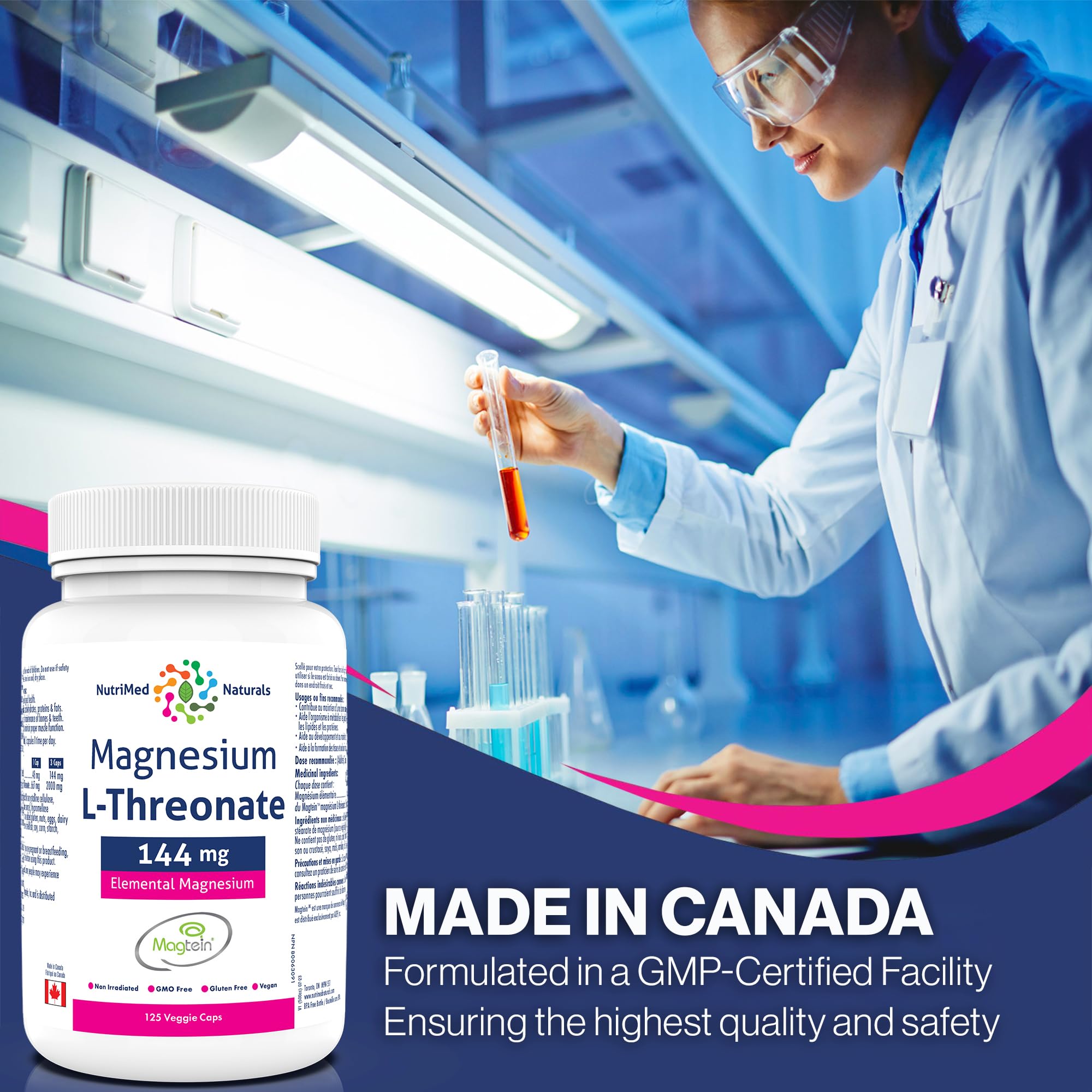 Nutrimed Naturals - Supplément de Magnésium L-Thréonate Élémentaire 144mg 125 Gélules, 48 Jours d'Approvisionnement - Concentration Accrue, Mémoire Améliorée & Santé Cérébrale Optimale - Testé par un Tiers - Formulé et Fabriqué au Canada