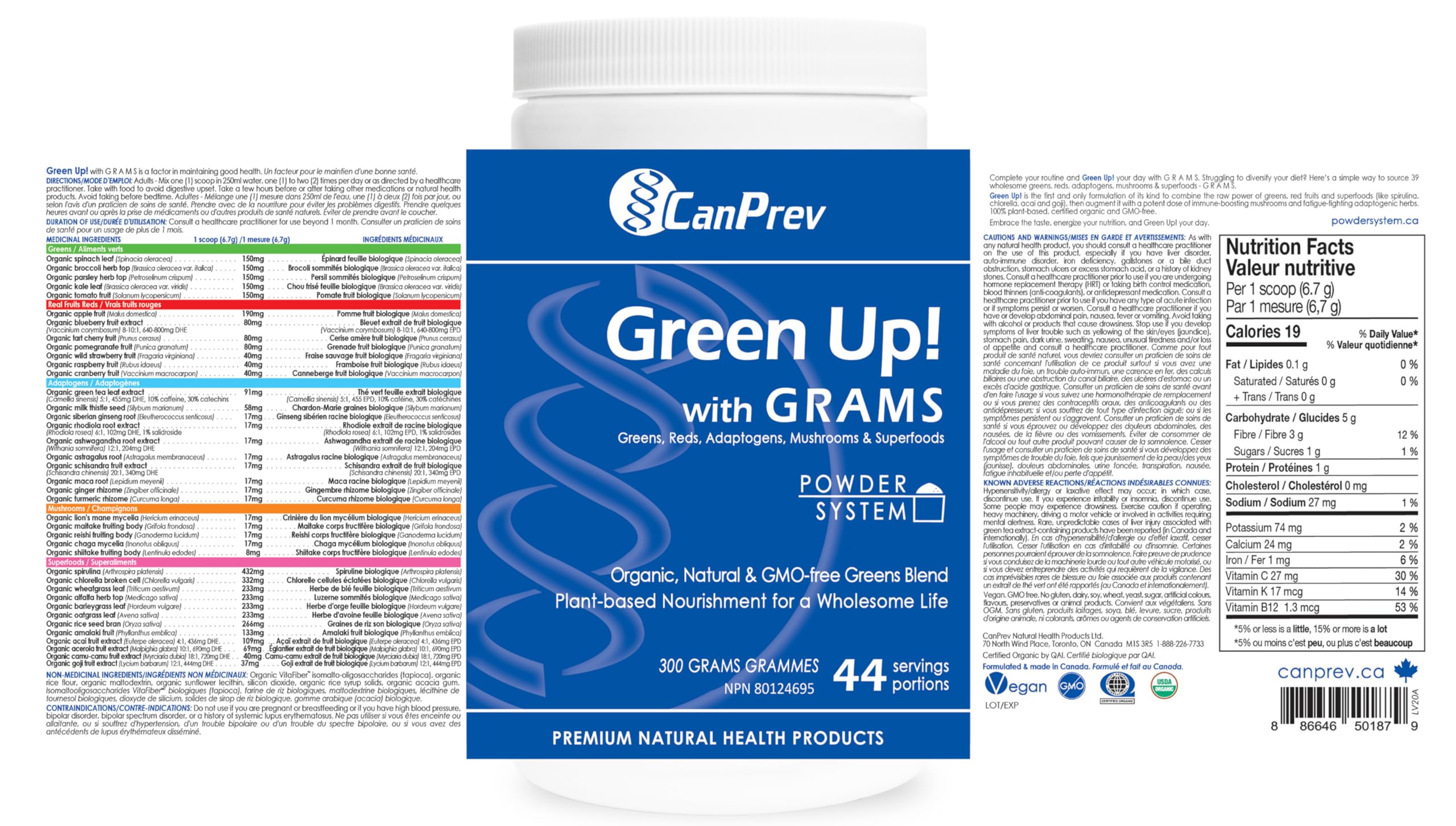 CanPrev Green Up! with GRAMS 300g Powder, 44-Servings, Organic Spirulina & Adaptogens, Nutrient-Rich Greens, Reds & Mushrooms Blend, Energizing Superfood for Smoothies - Vegan, GMO-free, & Gluten-free