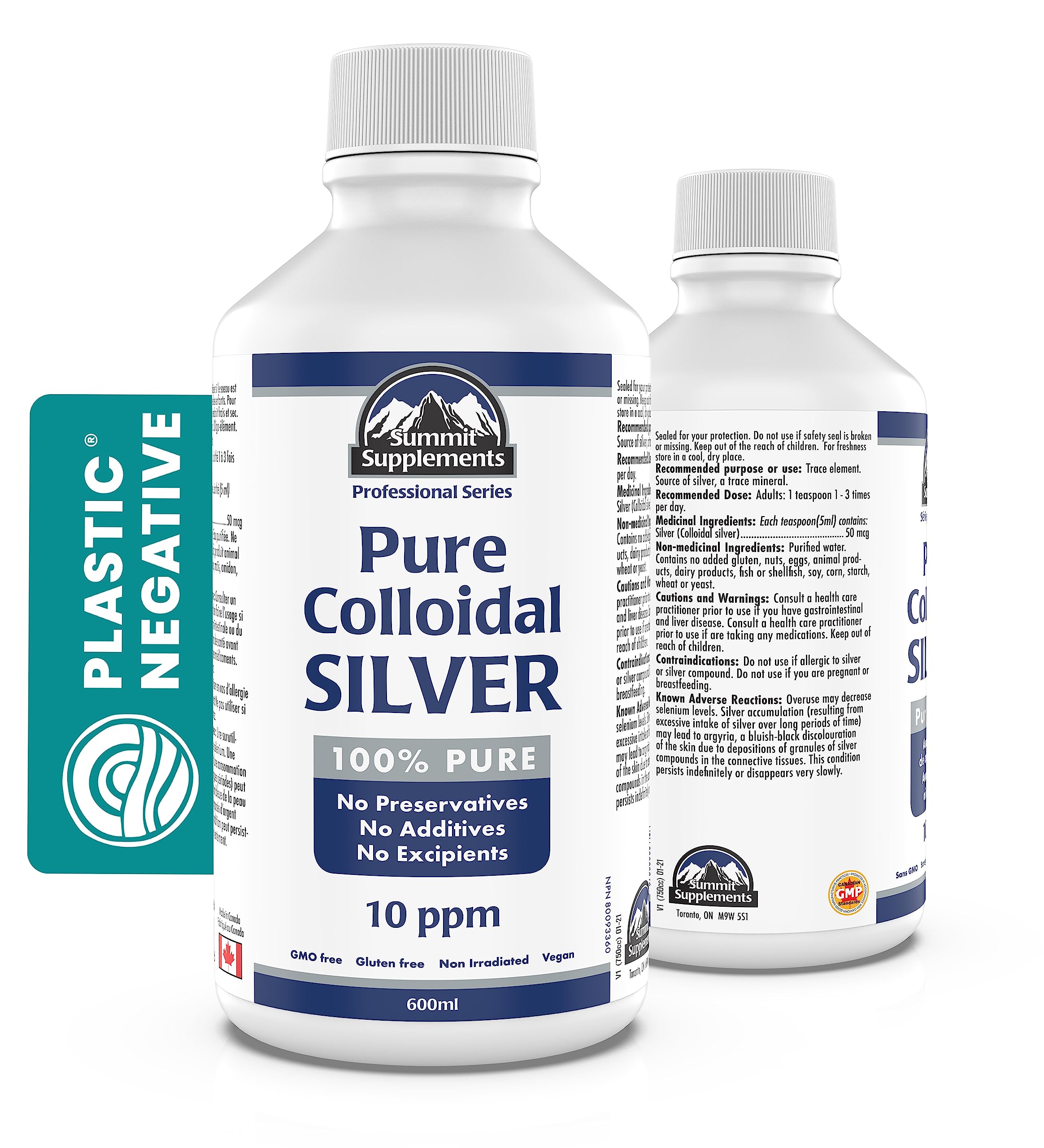 Pure Colloidal Silver Liquid 600ml Family Size, 120 Servings, 10 ppm Trace Mineral Drops, Neutral Taste, Multipurpose Daily Use for Skin & Wellness, Proudly Canadian, Plastic Negative, Vegan, GMO-Free