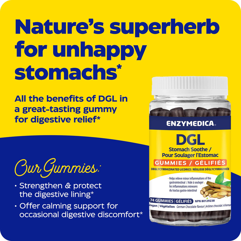 Enzymedica DGL Stomach Soothe Gummies, 74 Count, 37-Day Supply, German Chocolate Flavour, Vegan Digestive Support with Deglycyrrhizinated Licorice, Gentle Stomach Comfort & Wellness, Dairy & Soy Free