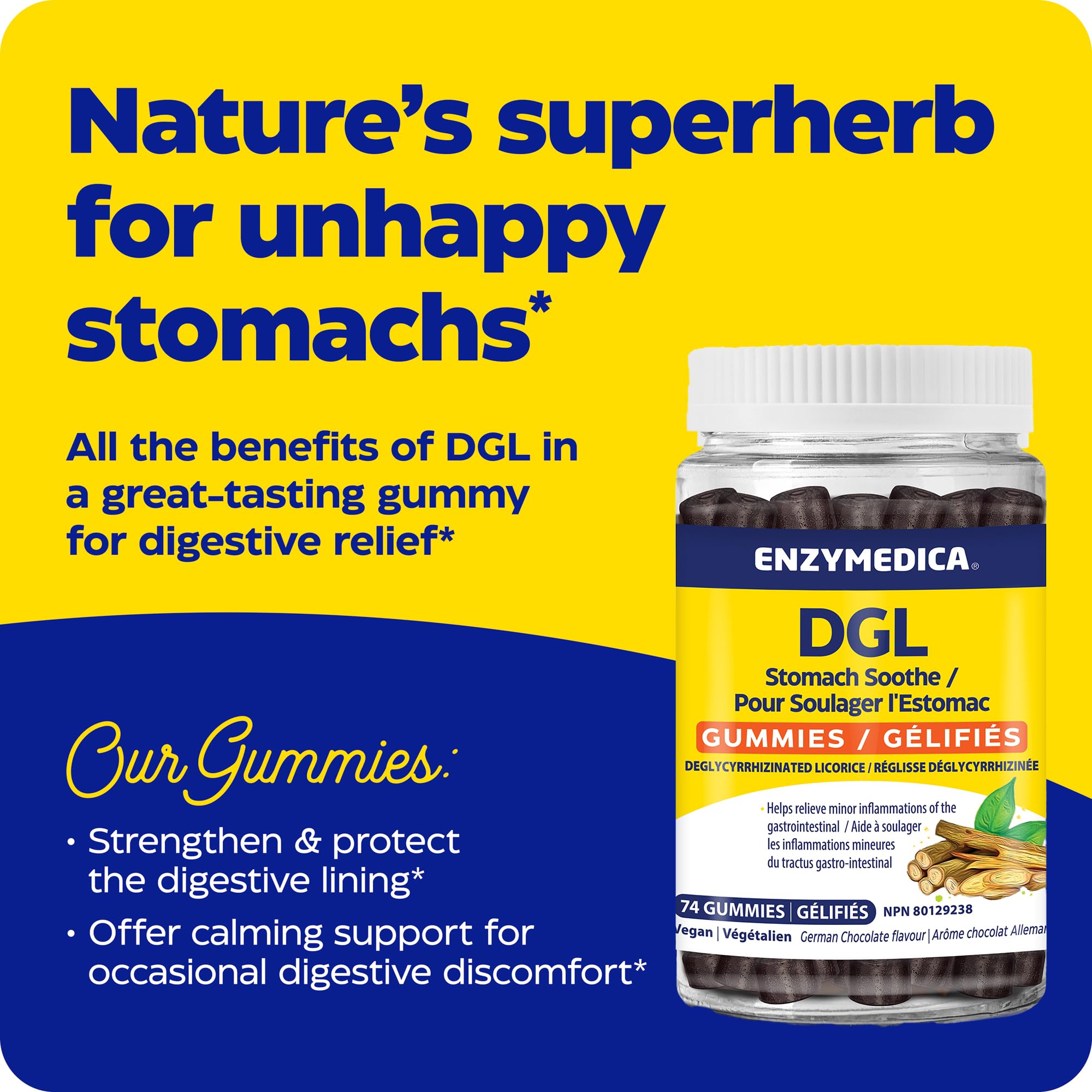 Enzymedica DGL Stomach Soothe Gummies, 74 Count, 37-Day Supply, German Chocolate Flavour, Vegan Digestive Support with Deglycyrrhizinated Licorice, Gentle Stomach Comfort & Wellness, Dairy & Soy Free