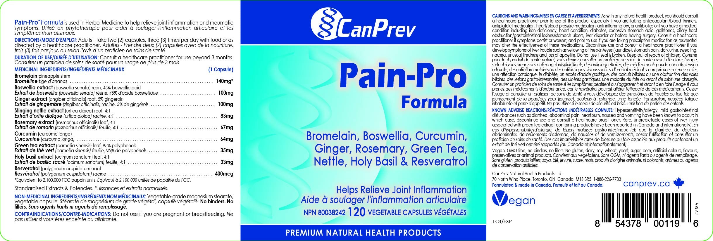 CanPrev Formule Pain-Pro, 120 V-Capsules Véganes - Supplément de Curcumine et Bromélaïne pour le Confort des Articulations et des Muscles avec Boswellia, Gingembre, Basilic Sacré et Extrait de Thé Vert - Soutien à la Récupération