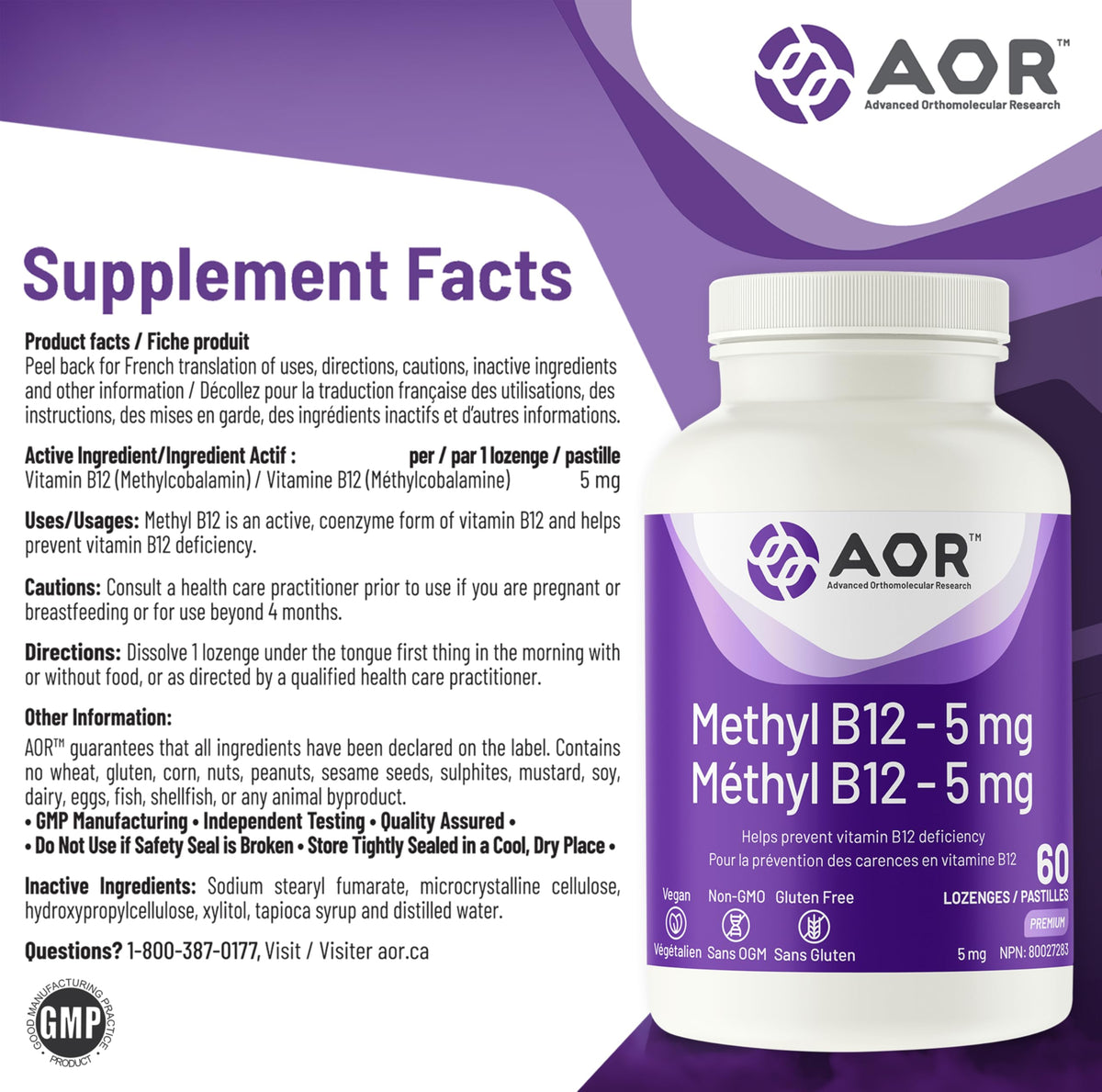 AOR Methylcobalamin Vitamin B12 Lozenges, 5 mg, 60 Lozenges & 60 Day Supply