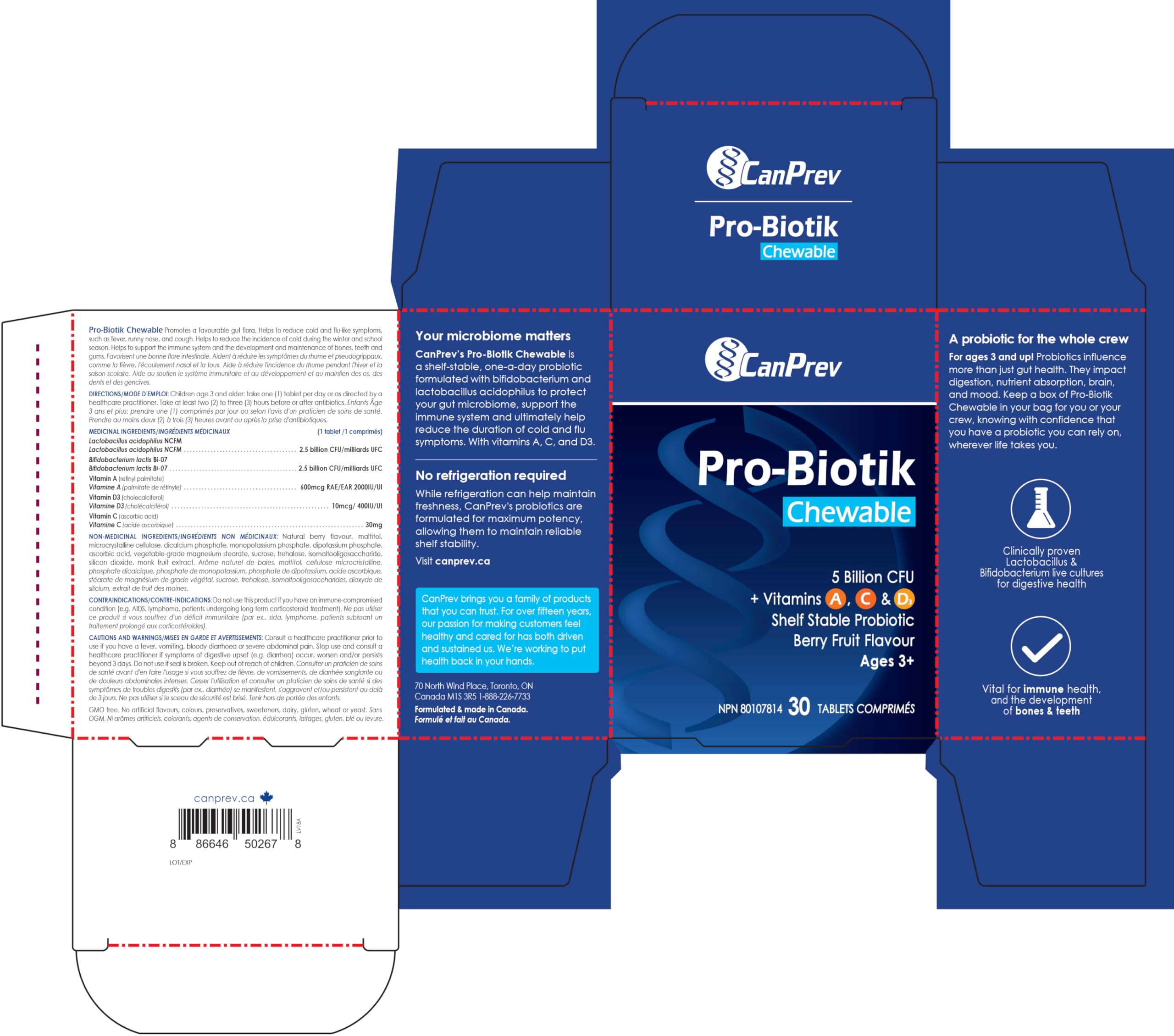 Canprev Pro-Biotik, 30 comprimés à croquer, approvisionnement de 30 jours, saveur de baies - Supplément probiotique pour enfants avec 5 milliards d'UFC et vitamines A, C et D3 - Idéal pour les enfants de 3 ans et plus, favorise des os et des dents solides