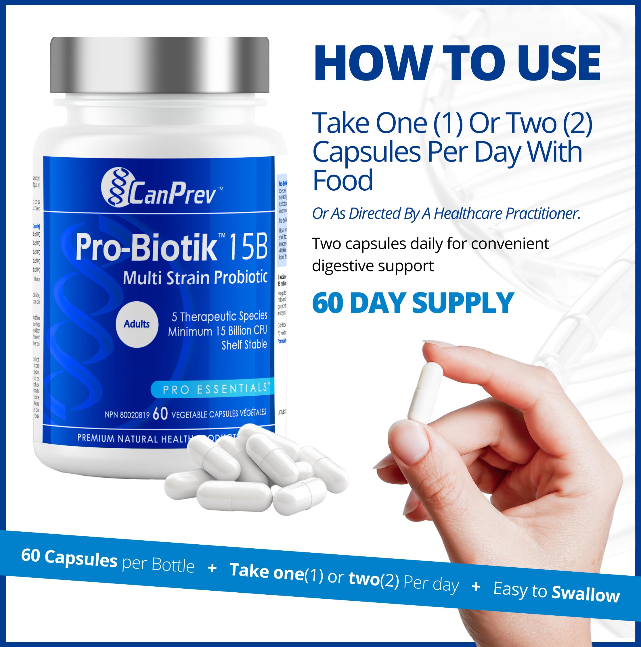 CanPrev Pro-Biotik 15 Billion CFU, 60 V-Caps 60-Day Supply - Non-GMO & Gluten-Free - Advanced Gut Health Formula with 5 Probiotic Strains Supplement - Supports Digestive Balance and Eases Bloating