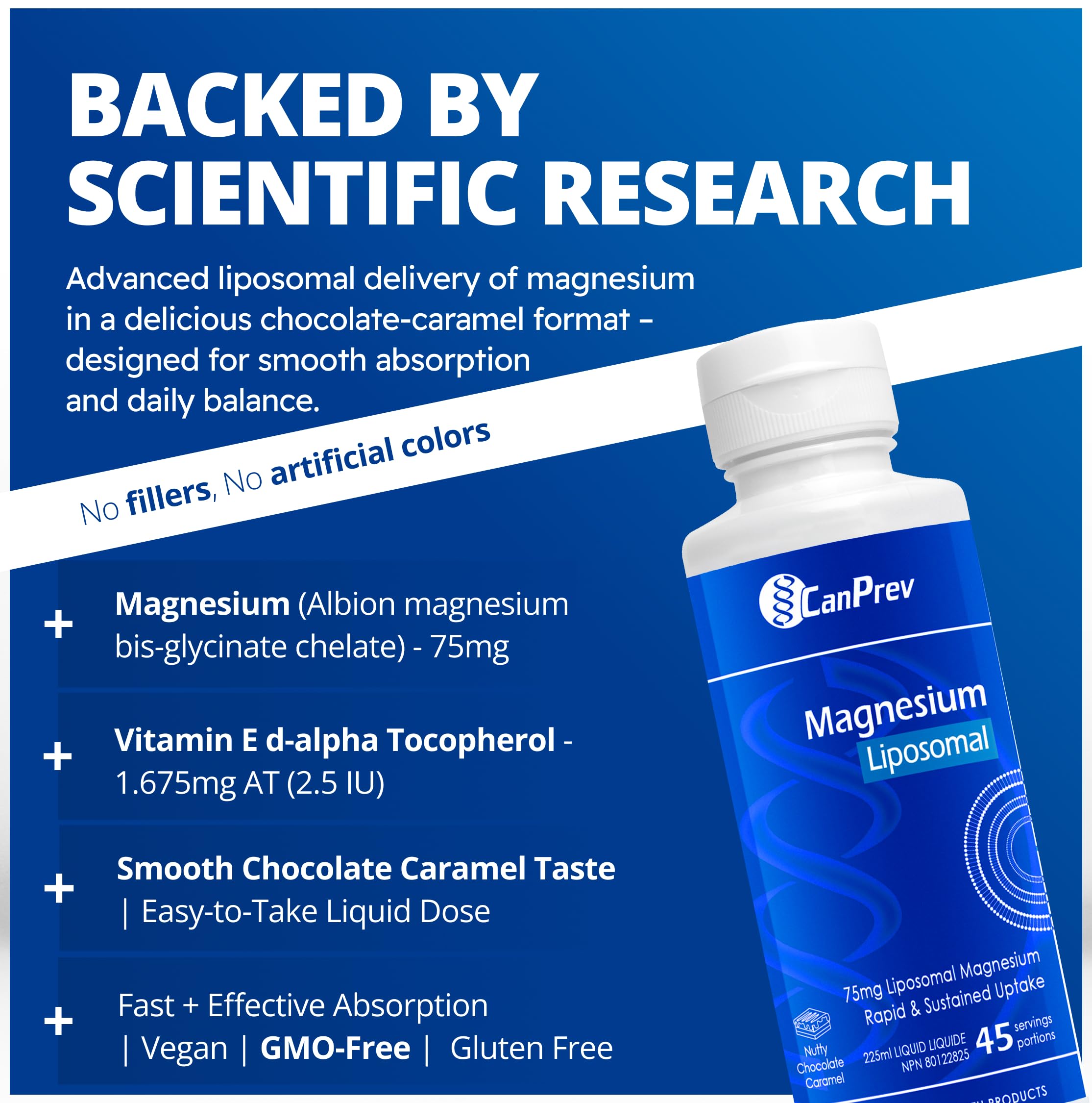 CanPrev Bisglycinate de magnésium liposomal, liquide de 225 ml (45 portions), saveur chocolat-caramel aux noisettes - Aide à maintenir une fonction musculaire, des os et des dents sains - Végétalien, sans OGM et sans gluten