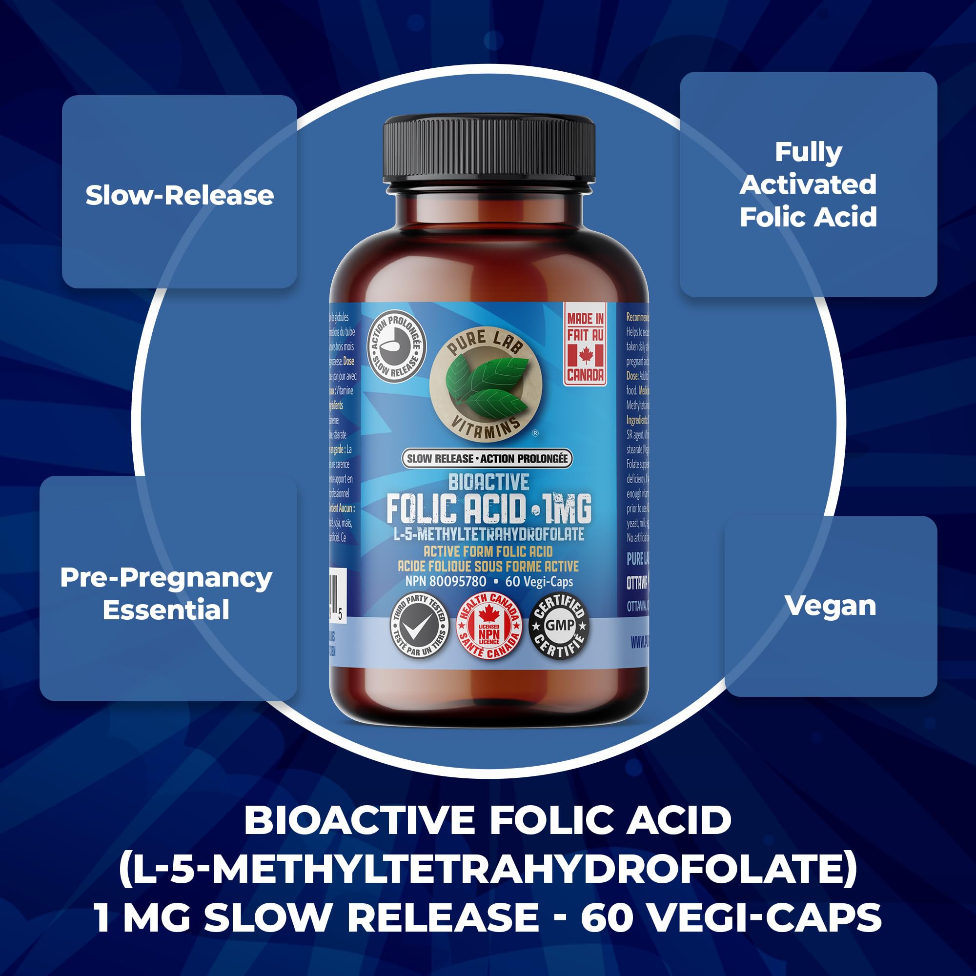 Pure Lab Vitamins BioActive Folic Acid (L-5-methyltetrahydrofolate) 50 mg - Slow Release - 60 Vegi-Caps