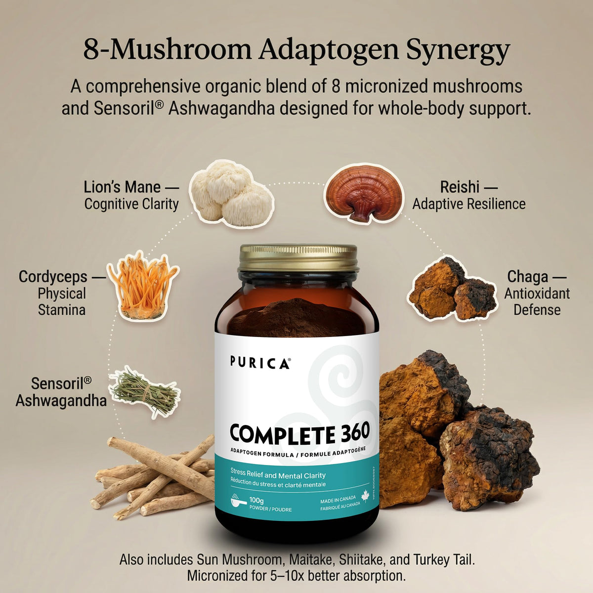 PURICA Complete 360 Organic Mushroom Powder, Turkey Tail Mushroom, 100 g