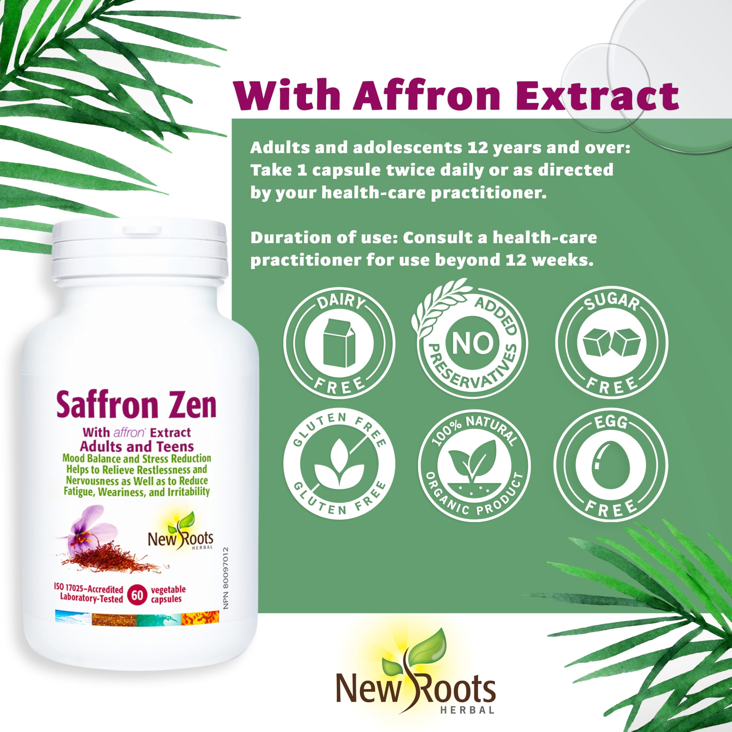 New Roots Herbal Saffron Zen, Affron Extract for Emotional Balance & Relaxation, Relieves Restlessness, Mental Calm, Non-GMO, 60 Veg Capsules 30 Day Supply
