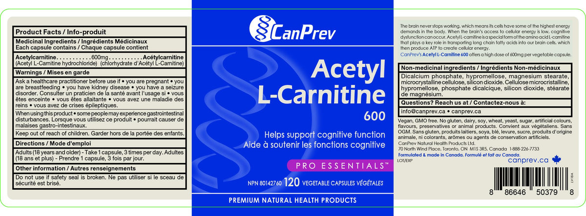 CanPrev Acetyl L-Carnitine 600mg, 120 Vegetarian Capsules, 40 Day Supply