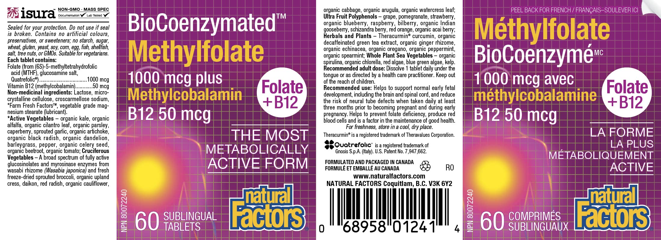 Natural Factors Methylfolate 1 mg Plus Methylcobalamin B12 50 mcg, 60 Sublingual Tablets, BioCoenzymated - The Most Metabolically Active Form of B Vitamins, Proudly Canadian