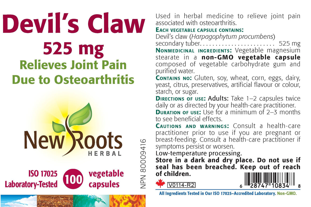 New Roots Herbal Devils Claw 525mg Capsules, Made in Canada, 50-Day Supply