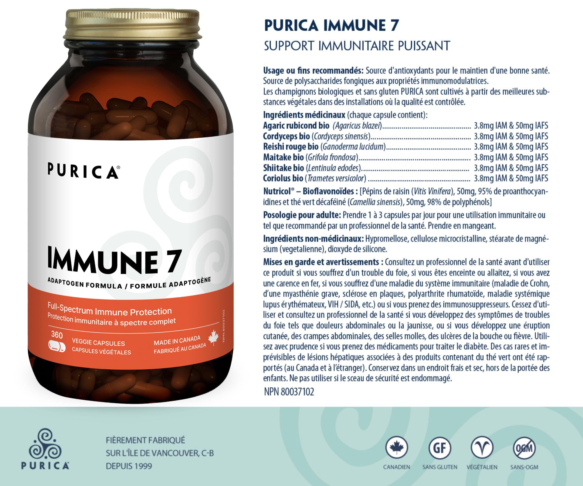 PURICA Complexe Immunitaire 7, 60 gélules - Soutien immunitaire complet avec Coriolus versicolor, Cordyceps, Reishi, Maitake, Shiitake, Champignon du Soleil - Vitalité à spectre complet, Améliore la santé et le bien-être