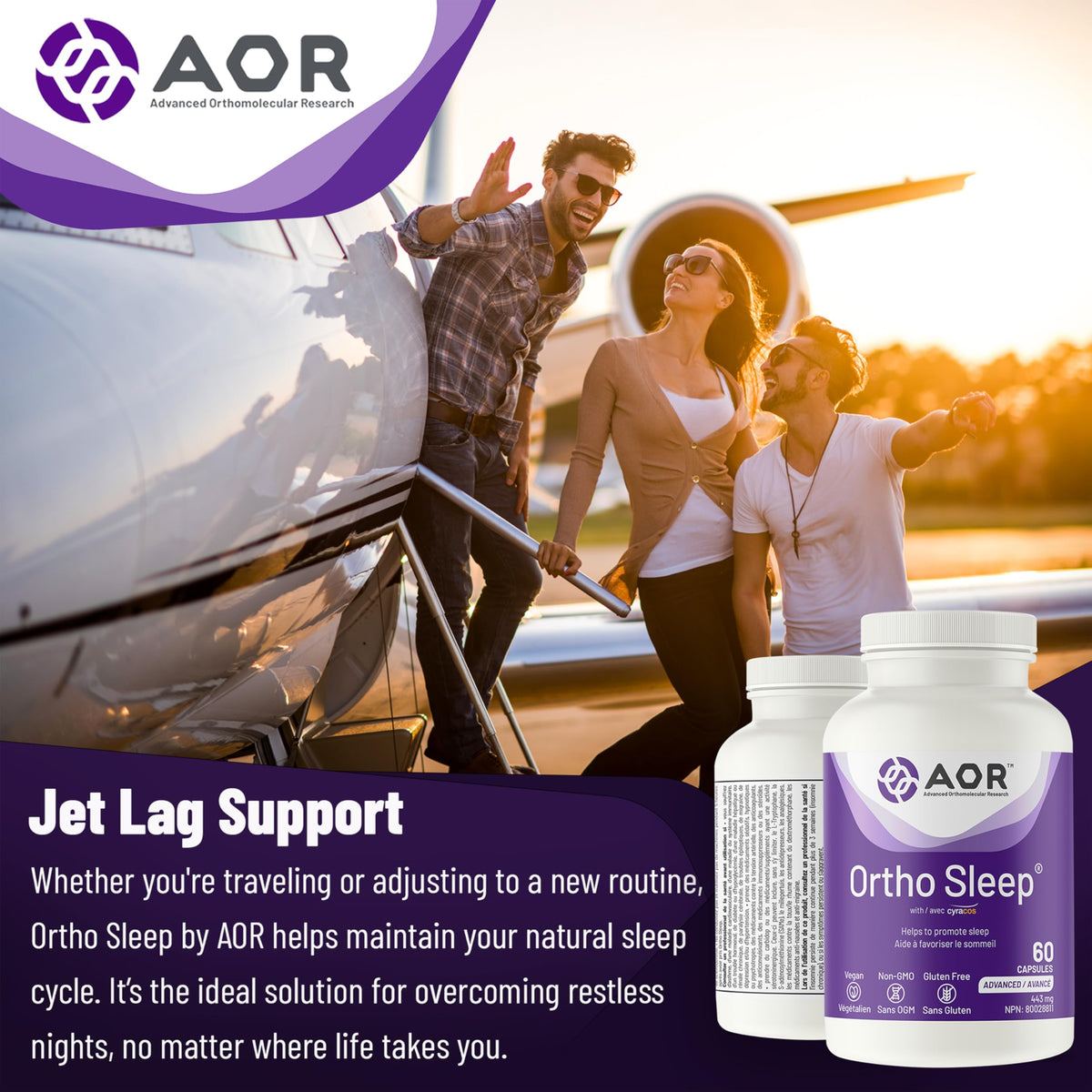 AOR Ortho Sleep Melatonin Capsules for Adults, Jet Lag Support, 60 Capsules