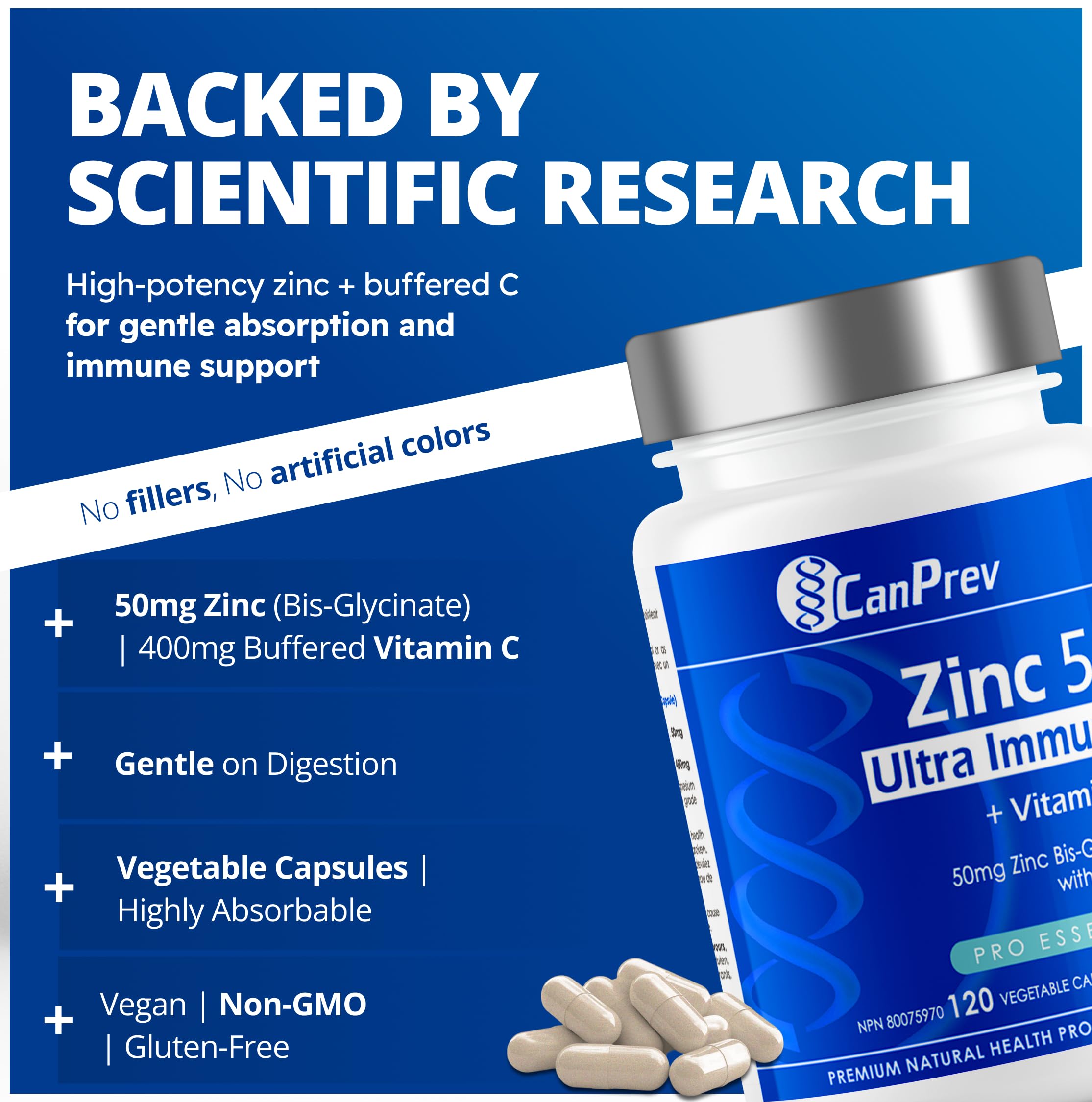 CanPrev Zinc Ultra Immune + Vitamin C, 120 Capsules 120-Day Supply - Vegan, Non-GMO and Gluten-Free - 50mg of Zinc Bis-Glycinate with 400mg of Vitamin C - Helps to Maintain Immune Function