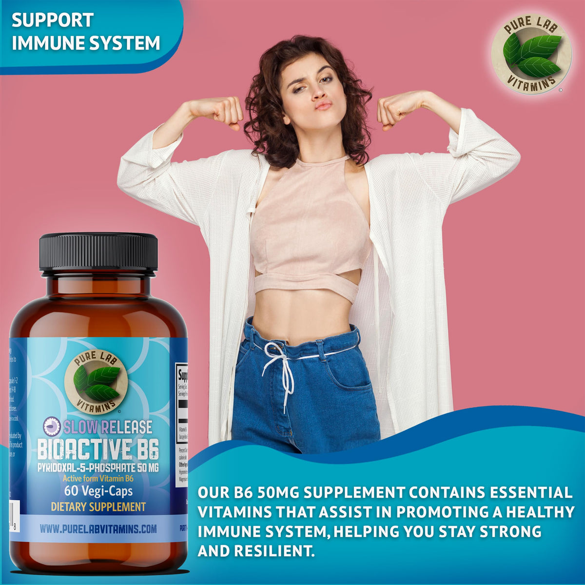 Pure Lab Vitamins | Slow Release Bioactive Vitamin B6 50mg | 60 Capsules | Vitamin B6 for Pregnancy Nausea Relief | P5P Pyridoxal 5 Phosphate | Serotonin Mood Support, Immune System Support, Metabolism Support