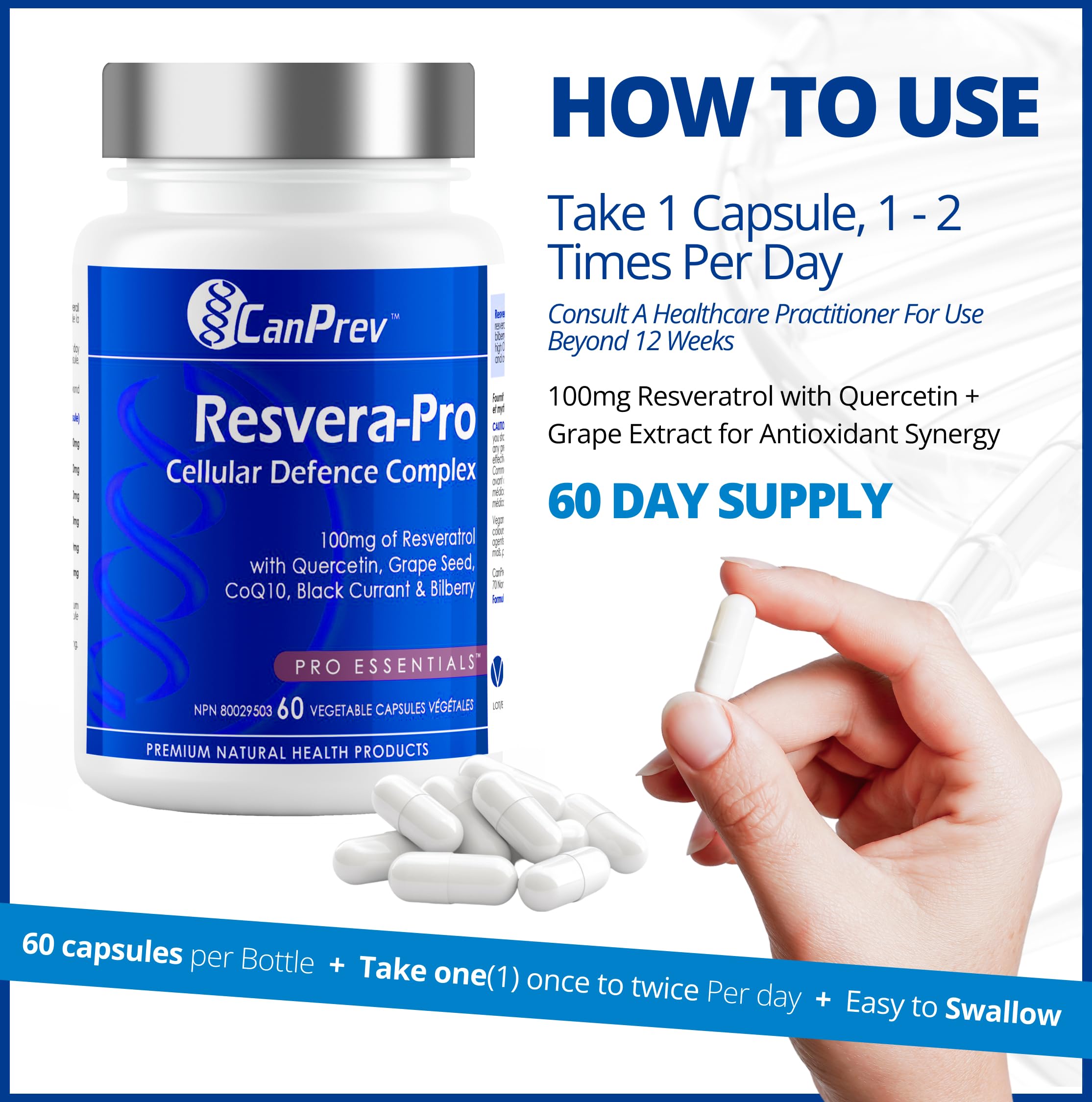CanPrev Resvera-Pro Resvératrol, 60 capsules végétales Approvisionnement de 60 jours - Végane, sans OGM et sans gluten - Coenzyme Q10 - 100mg de resvératrol avec quercétine, pépins de raisin, cassis et myrtille - Un mélange d'antioxydants