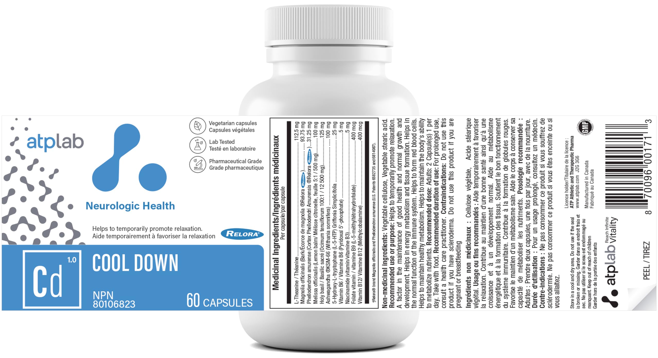 ATP LAB - Cool Down 60 capsules - Traitement de 30 jours - Soulagement de la dépression, santé du cortisol, soulagement de l'insomnie, guérison du système nerveux, favorise la relaxation et le sommeil - Formulé et fabriqué au Canada
