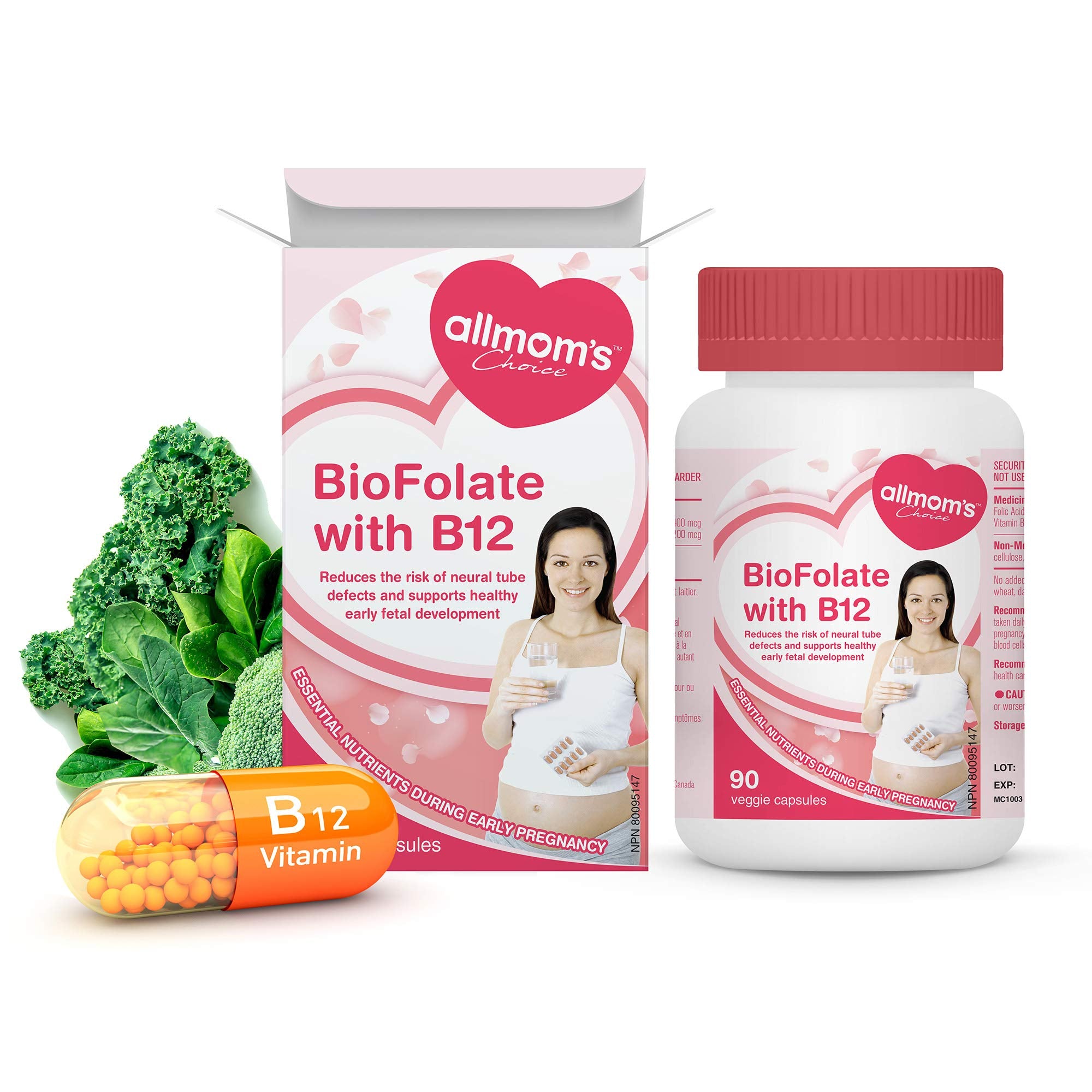 Vegan Folic Acid Pregnancy Supplement with Vitamin B12 - Contains 400mcg Folate or Folic Acid - Reduces Risk of Neural Tube Defects and Helps Formation of Red Blood Cells - 90 Tablets - Allmom's Choice