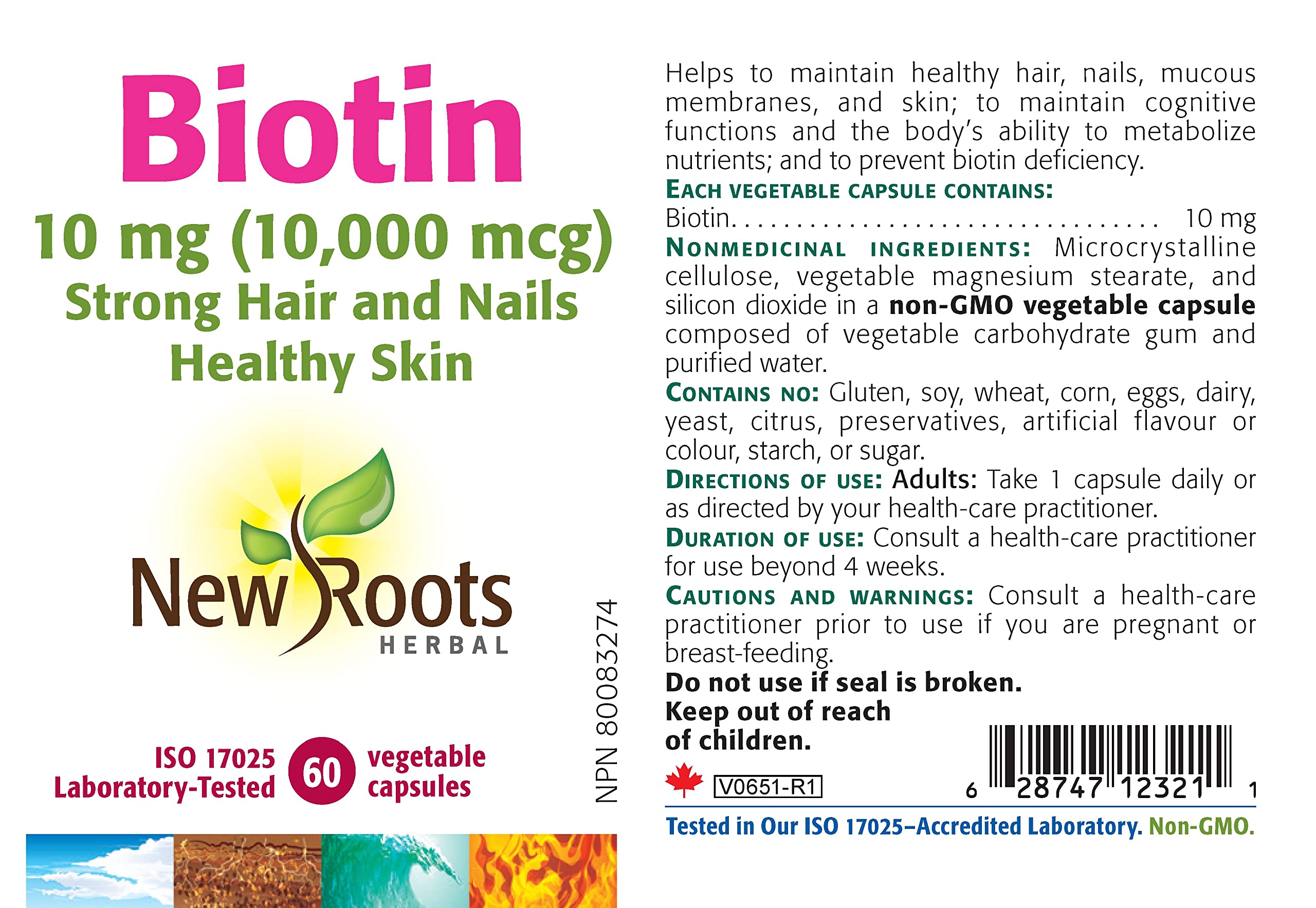 New Roots Herbal Biotin 10mg 60 Veg Caps 60-Day Supply - Nourishing Formula for Hair, Skin and Nails - Pure 10000mcg Biotin Supplement, Help Hair Texture, Strengthen Nails & Vibrant Skin, Non-GMO