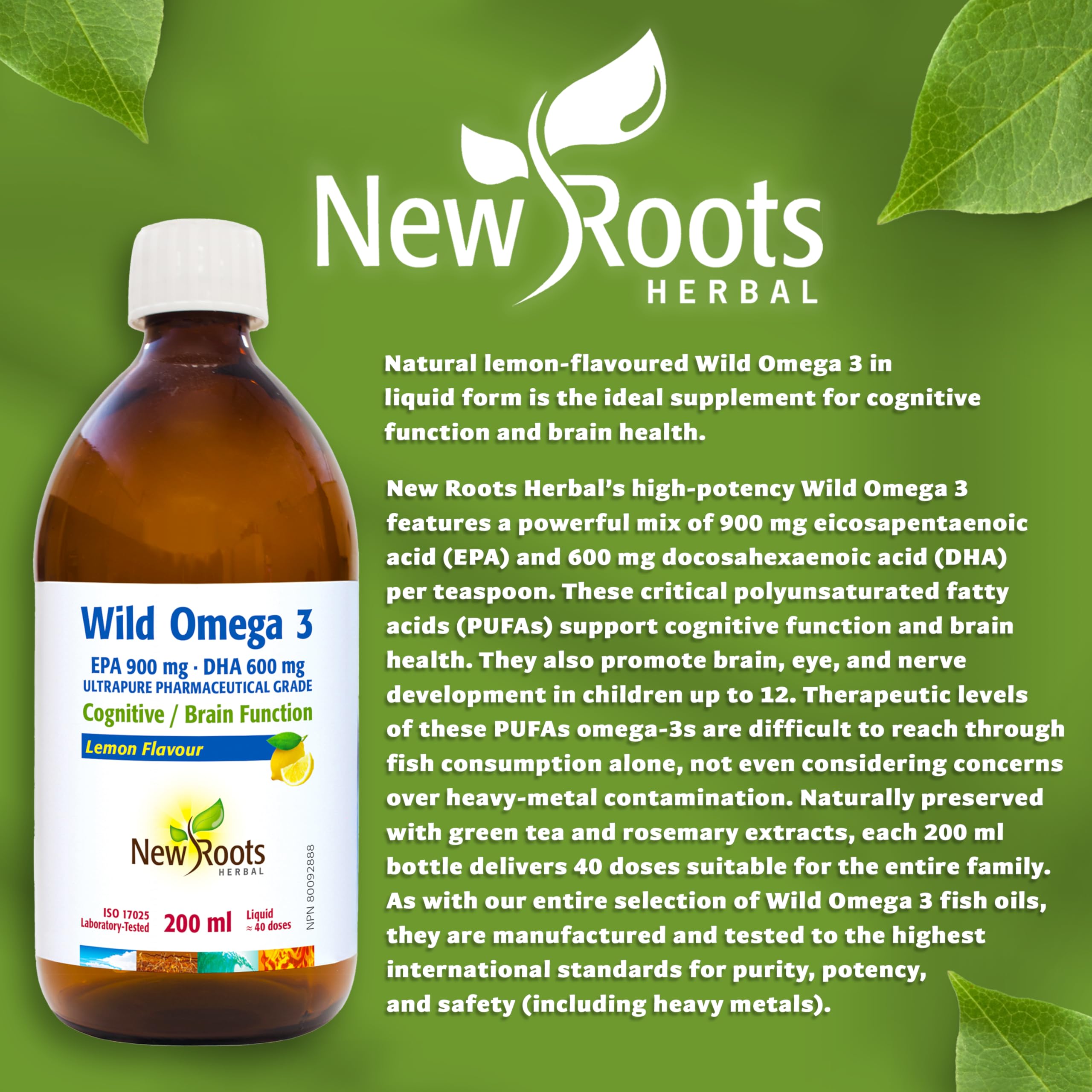 New Roots Herbal - Oméga-3 Sauvage AEP 900mg ADH 600mg, Saveur Citron, 200ml 40 Portions - Supplément d'Huile de Poisson Liquide d'Acides Gras Oméga-3 - Aide à Soutenir la Santé Cognitive, les Yeux, les Nerfs et la Fonction Cérébrale