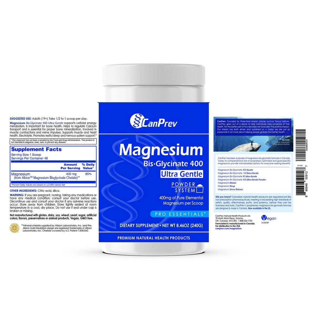CanPrev Magnesium Bisglycinate Powder for Adults, 240g, 400mg, 48 Servings
