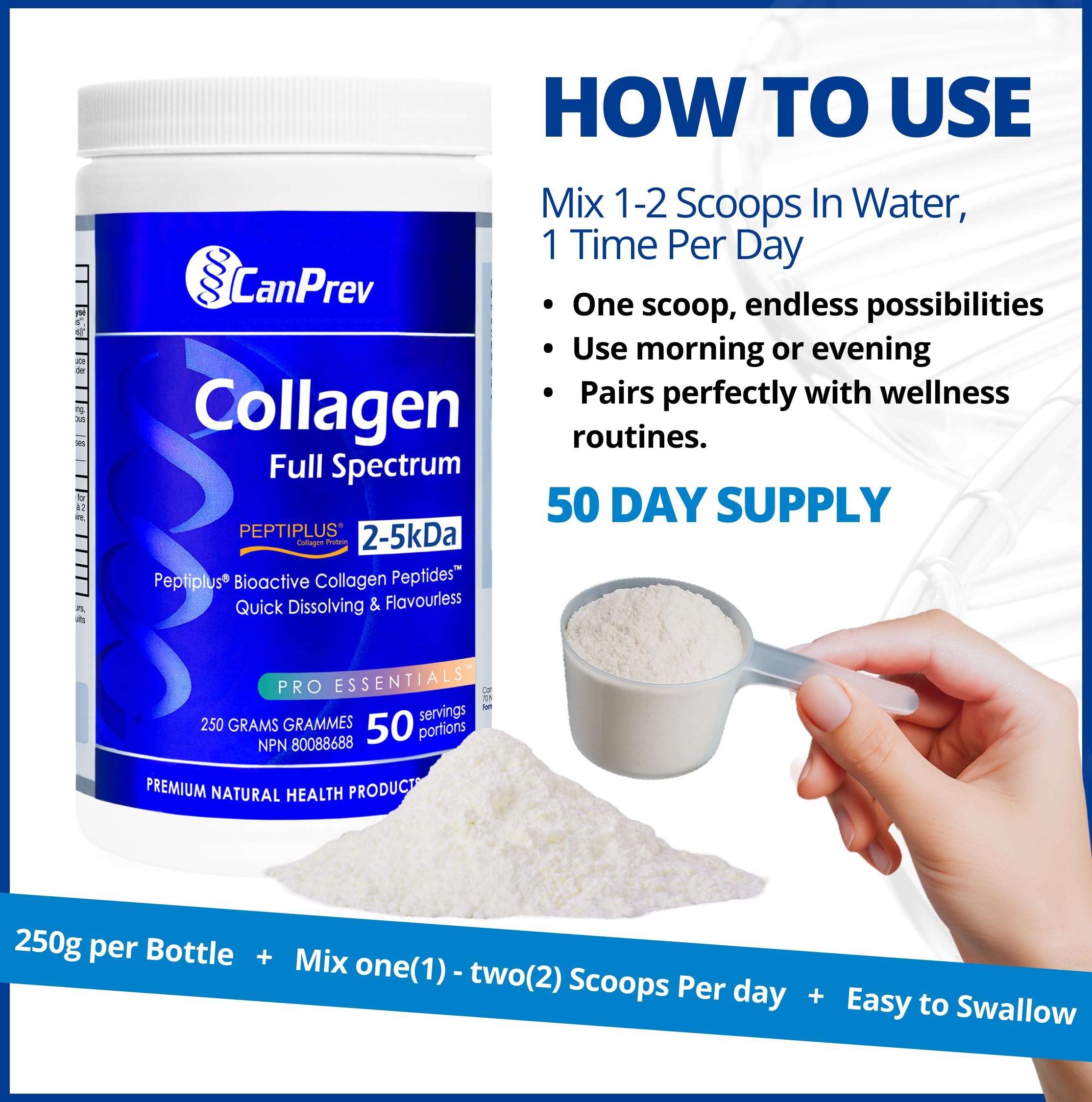 CanPrev Collagène Full Spectrum Peptiplus, 250 g en poudre 50 portions - Peptides purs hydrolysés, optimisés pour un mélange et une absorption faciles - Collagène bovin soutenant les articulations, les cheveux, la peau, les ongles et les os