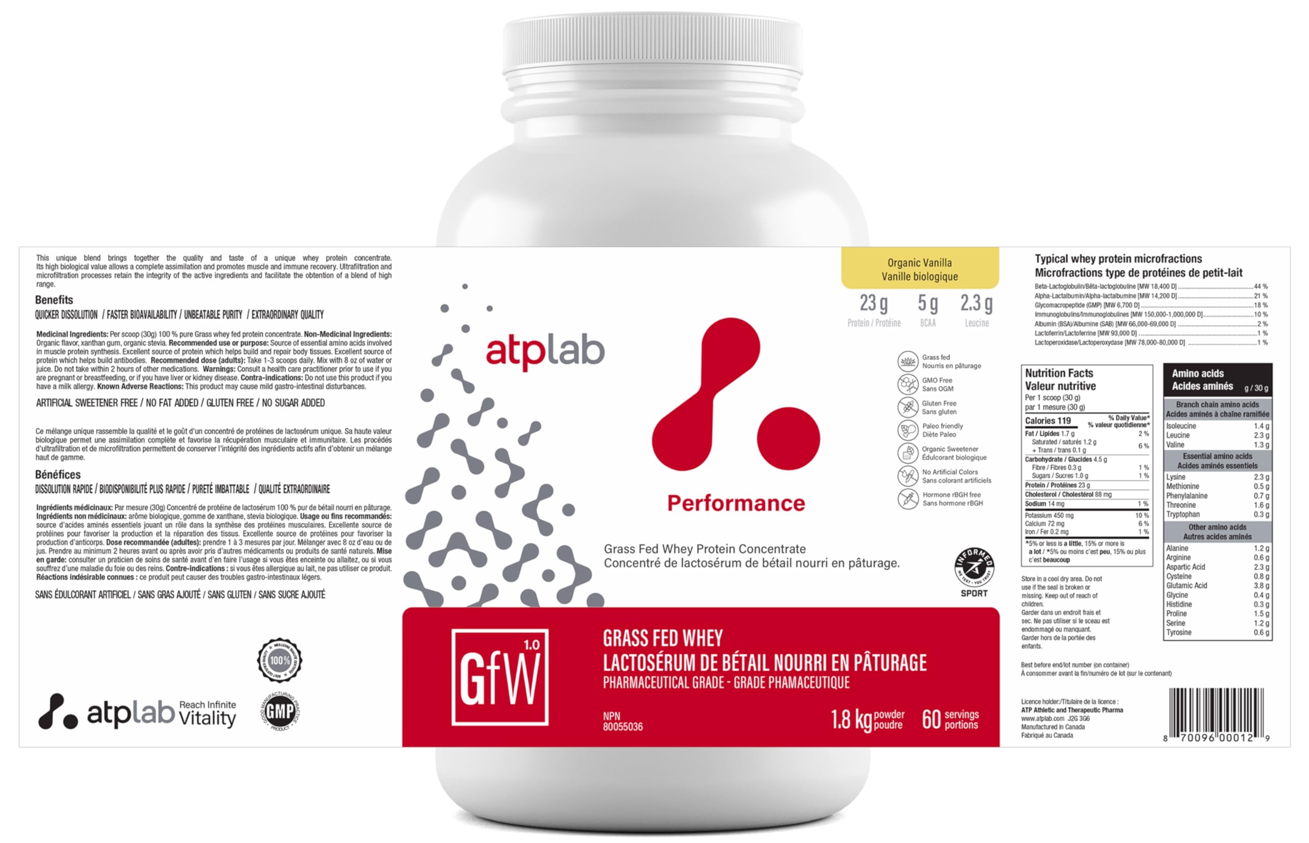 ATP LAB - Protéine de lactosérum de vaches nourries à l'herbe en poudre 1,8 kg (saveur chocolat) - Concentré de protéines de lactosérum - Récupération immunitaire, croissance musculaire