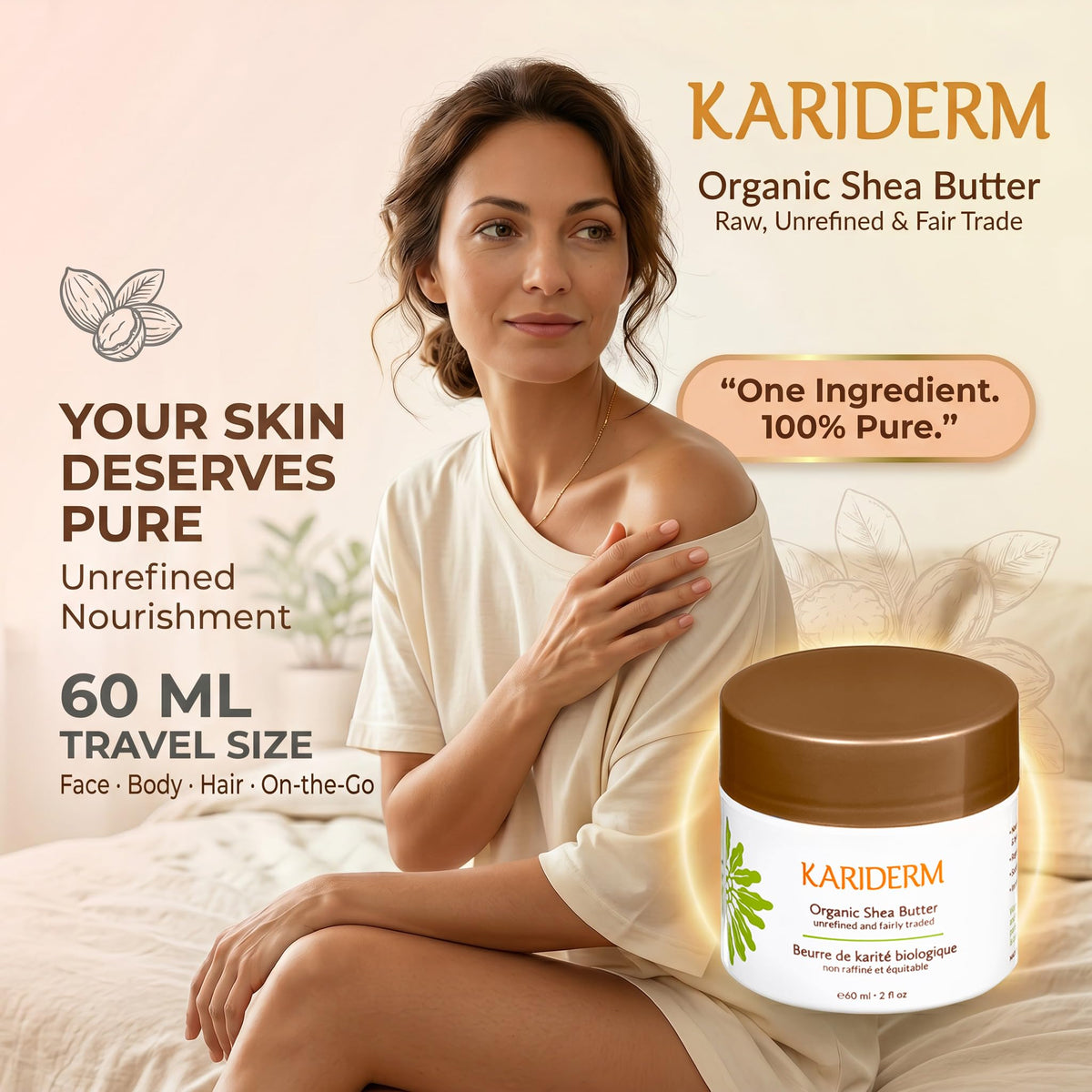 KARIDERM Organic Shea Butter 60ml Jar – Raw Unrefined Fair Trade Moisturizer for Radiant Skin & Hair – Rich in Nutrients & Vitamins – Canadian Made