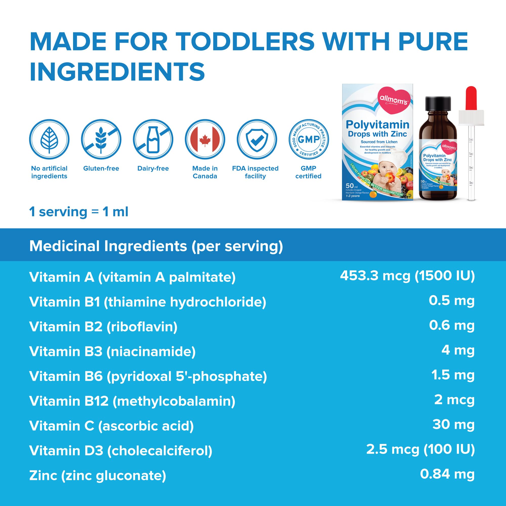 Gouttes multivitaminées Allmom's Choice avec Zinc, 1-3 ans, 9 vitamines essentielles (vitamines A, complexe B, C, D3) et zinc, qui manquent souvent dans l'alimentation des enfants. Excellent goût sous forme liquide facile à prendre, pour 50 jours.