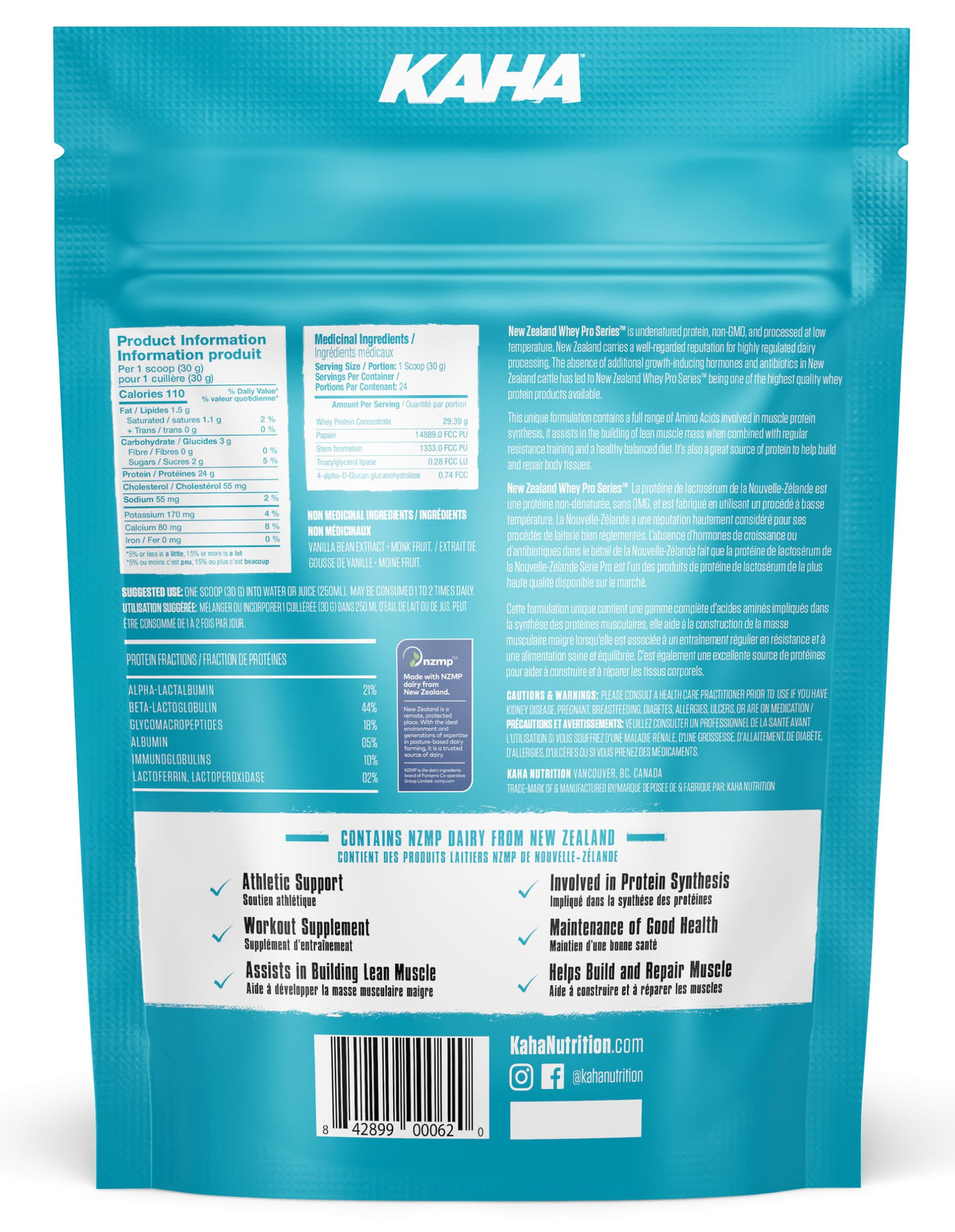 Kaha New Zealand Whey Protein Powder Vanilla, Grass Fed Concentrate 720g