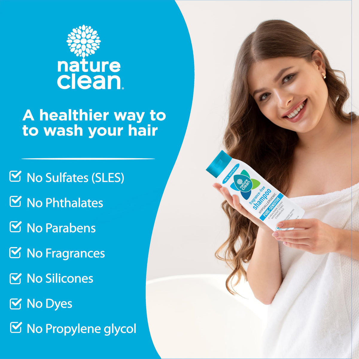 Nature Clean Pure Sensitive Shampoo, Hypoallergenic, Fragrance Free, Sensitive, Dermatologist Tested, 300 ml,10 Oz