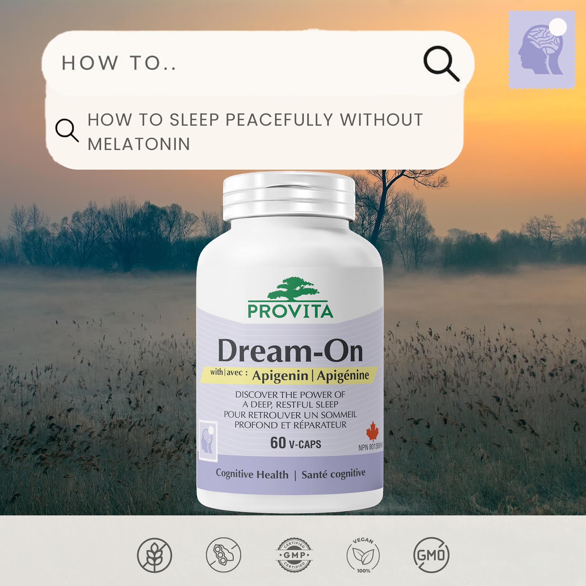 Provita Dream-On™ with Apigenin, California Poppy, Passionflower & L-Theanine | Natural Sleep Aid & Stress Relief | Melatonin-Free Sleep Support Supplement for Adults | NPN 80136916
