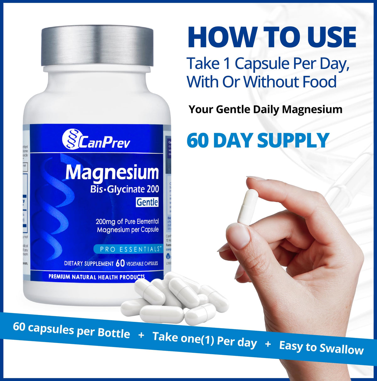 CanPrev Magnesium Bisglycinate Capsules, 200 mg, For Adults, 60 Day Supply