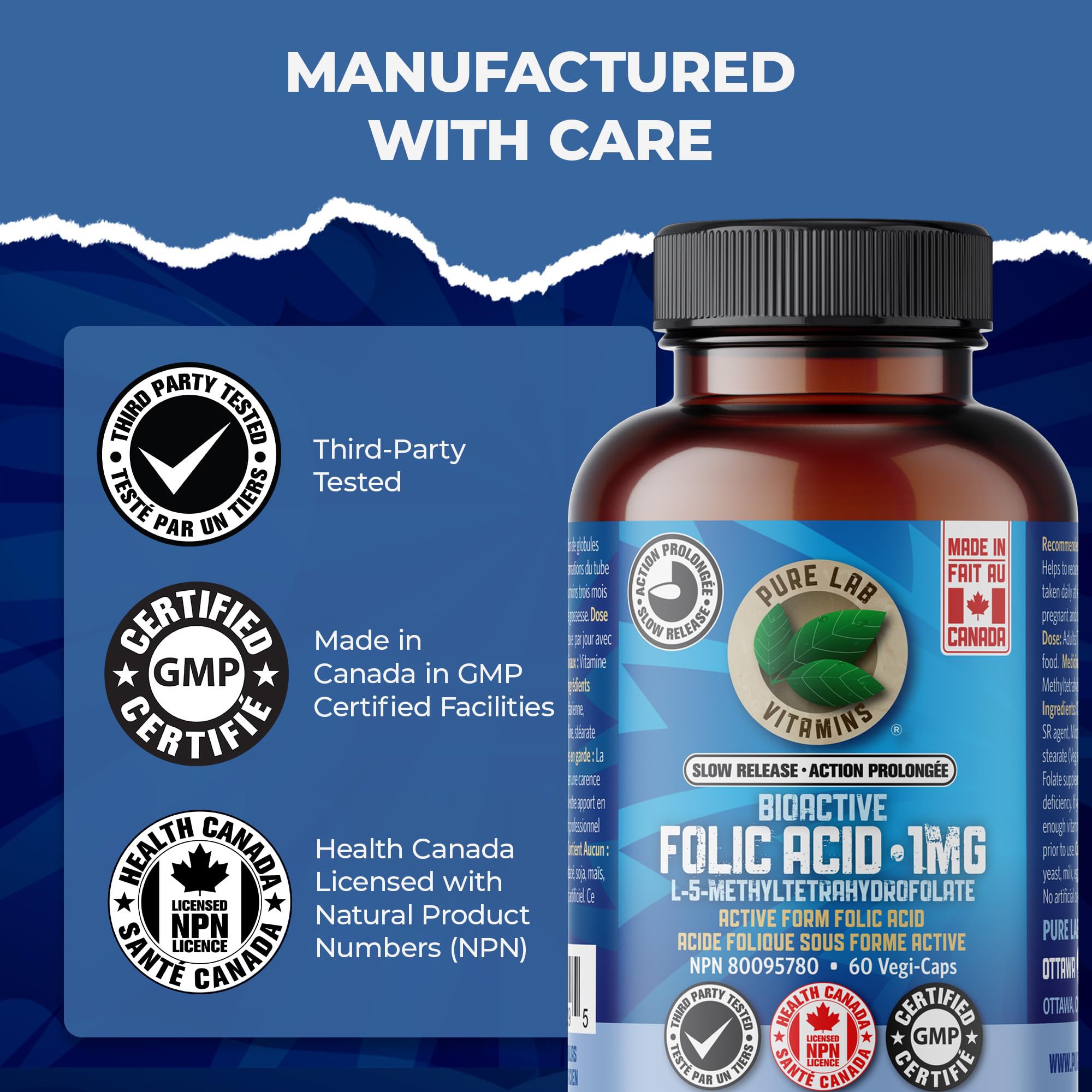 Pure Lab Vitamins BioActive Folic Acid (L-5-methyltetrahydrofolate) 50 mg - Slow Release - 60 Vegi-Caps