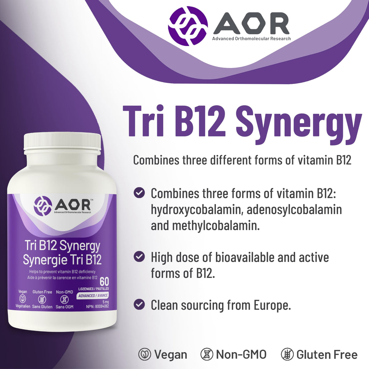 AOR Tri B12 Lozenges, Vitamin B12, Sublingual, 60 Day Supply